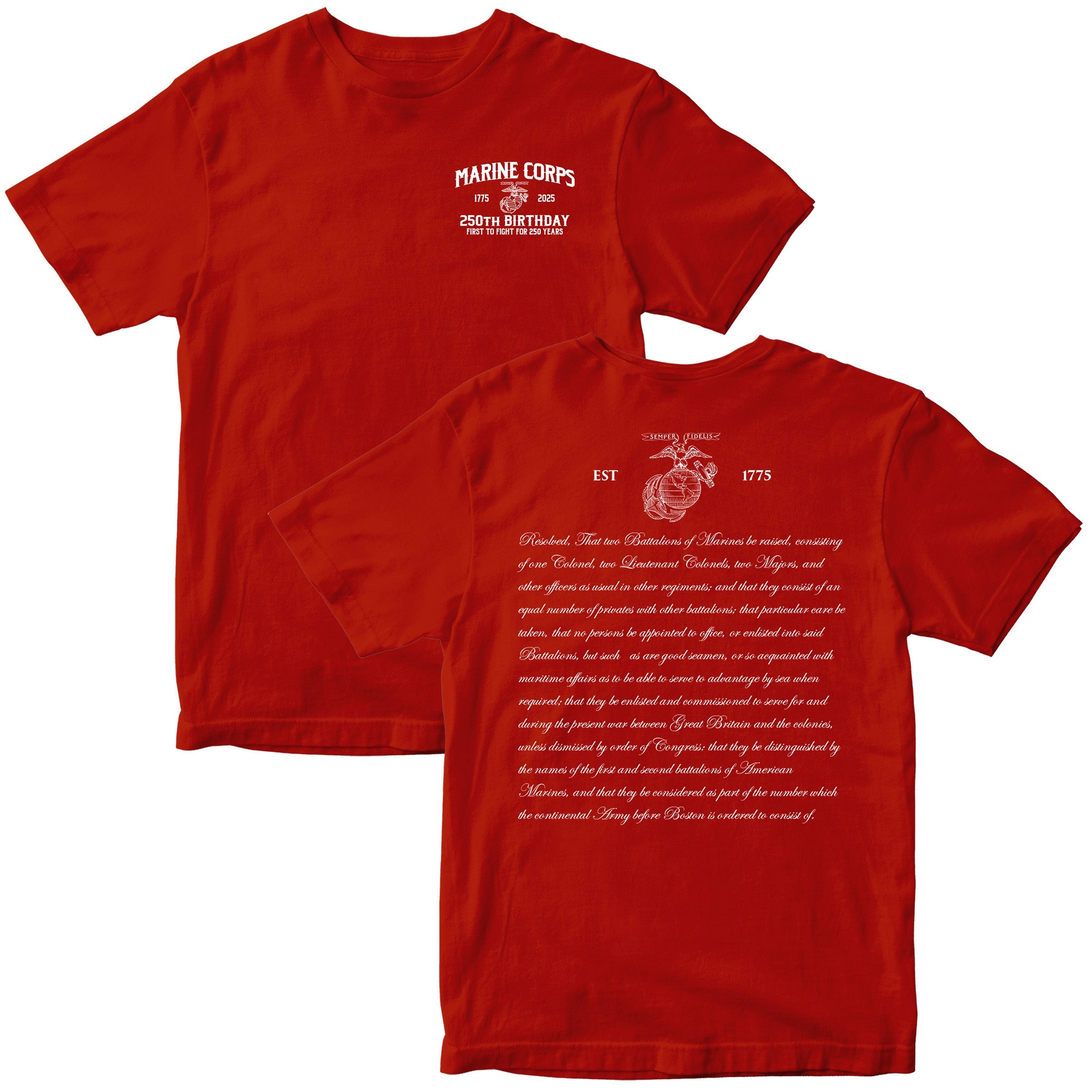 Red Marine Corps 250th Birthday t-shirt with Eagle, Globe, and Anchor chest seal and Continental Marines Act text on back