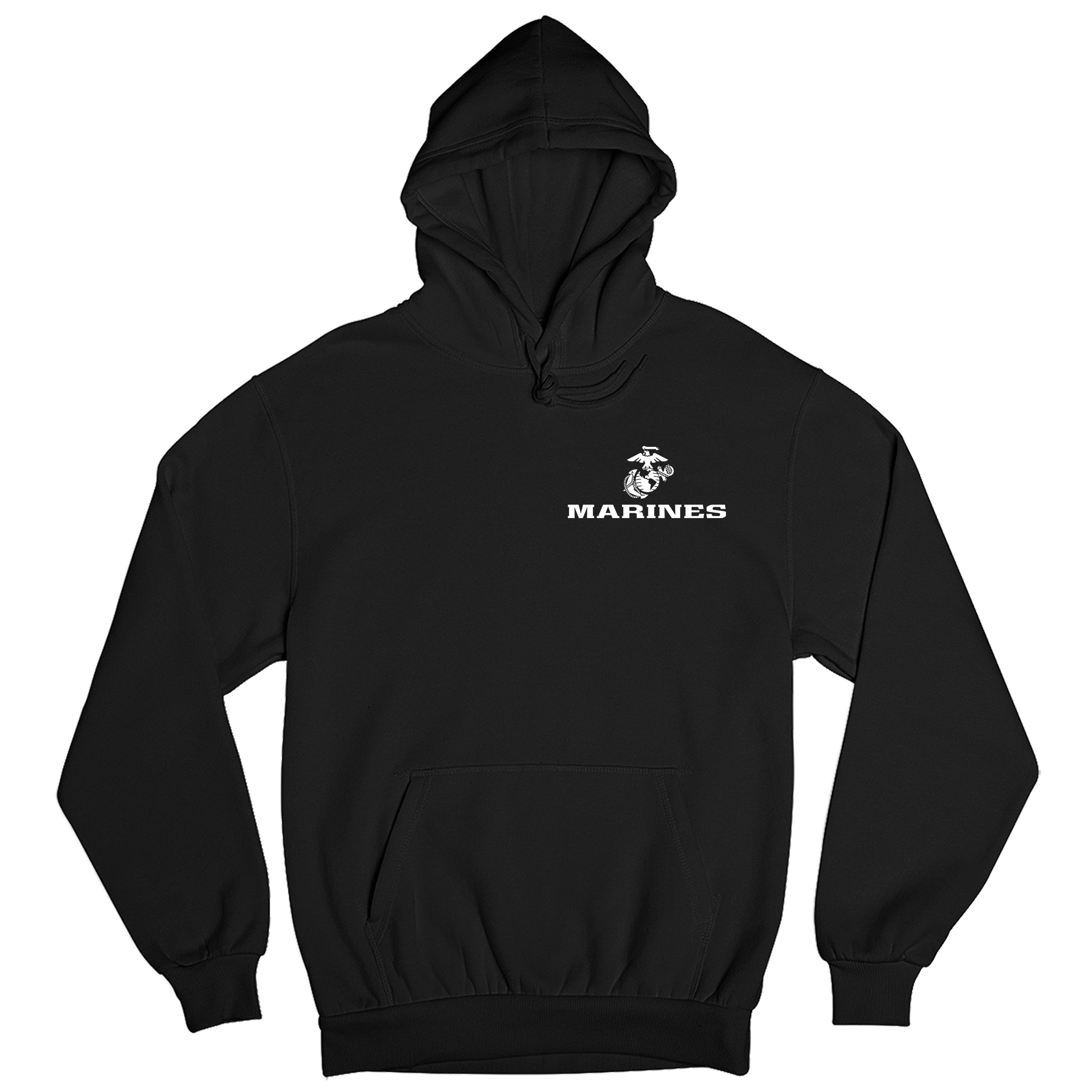 Black USMC hoodie with Eagle Globe Anchor chest seal and MARINES text