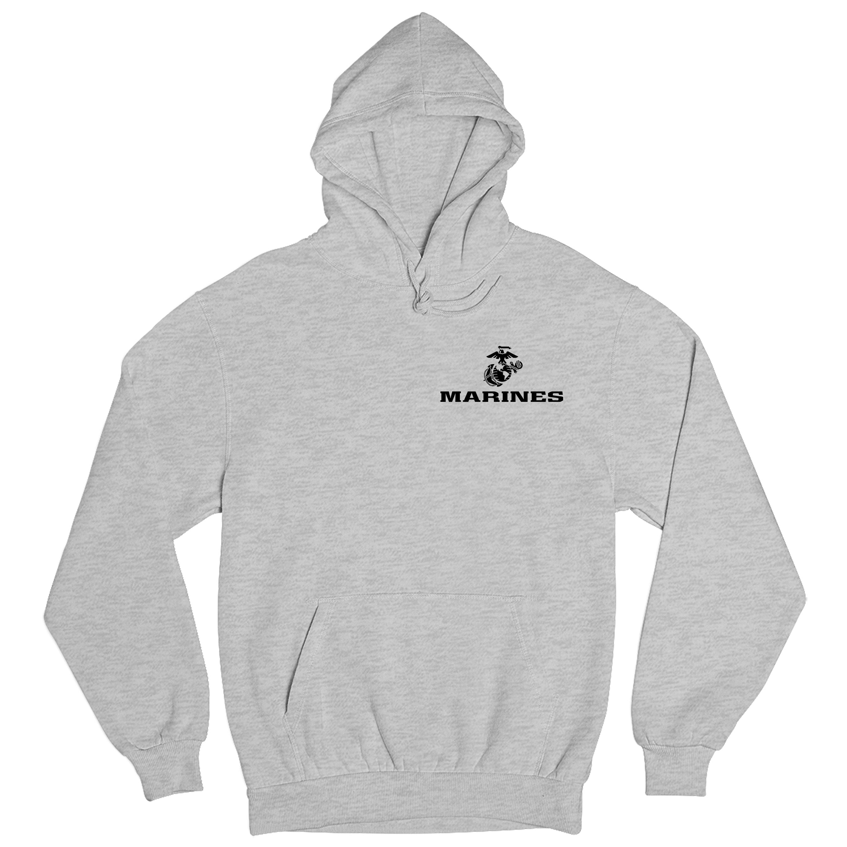 Gray USMC hoodie with Eagle Globe Anchor chest seal and MARINES text