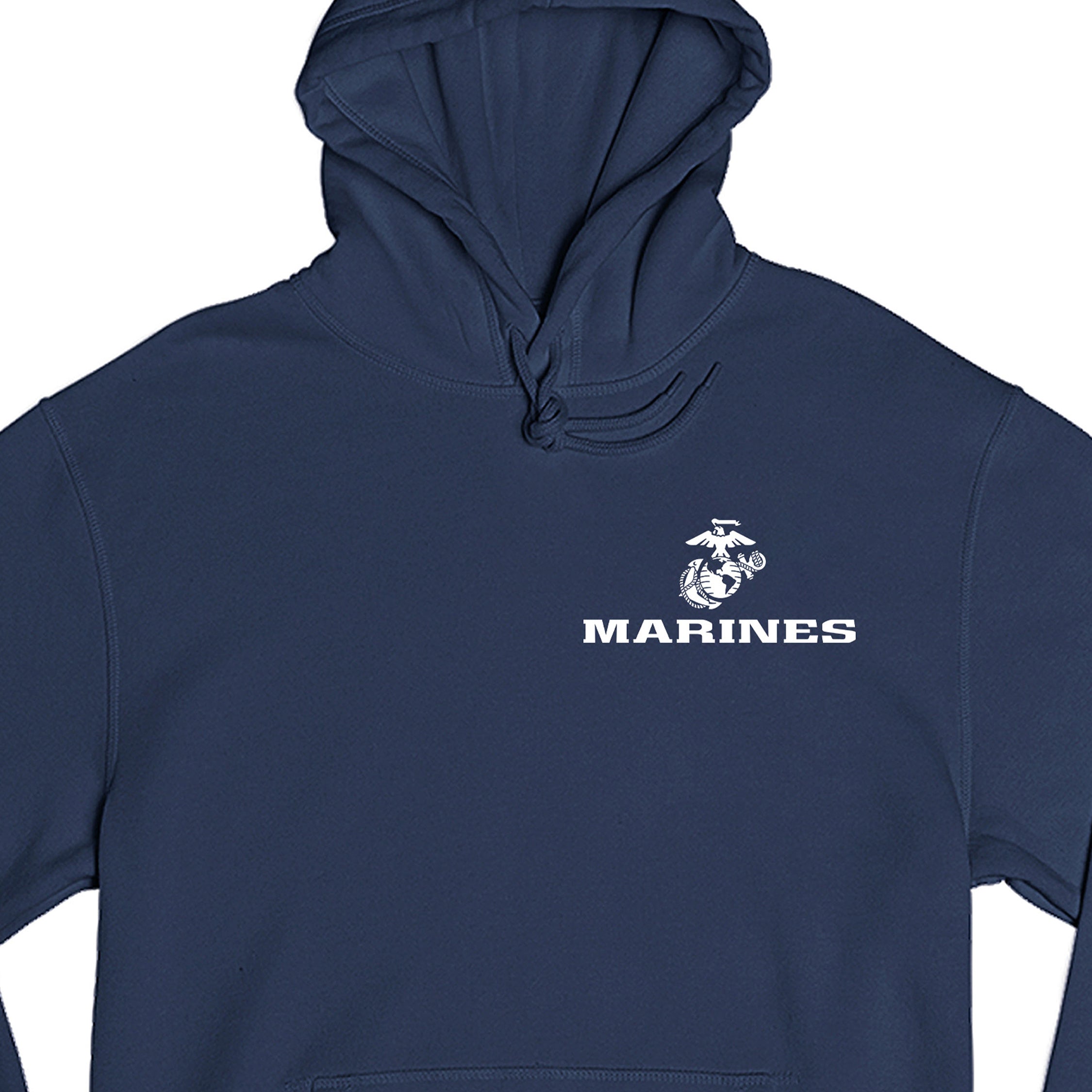 Navy USMC hoodie with Eagle Globe Anchor chest seal and MARINES text