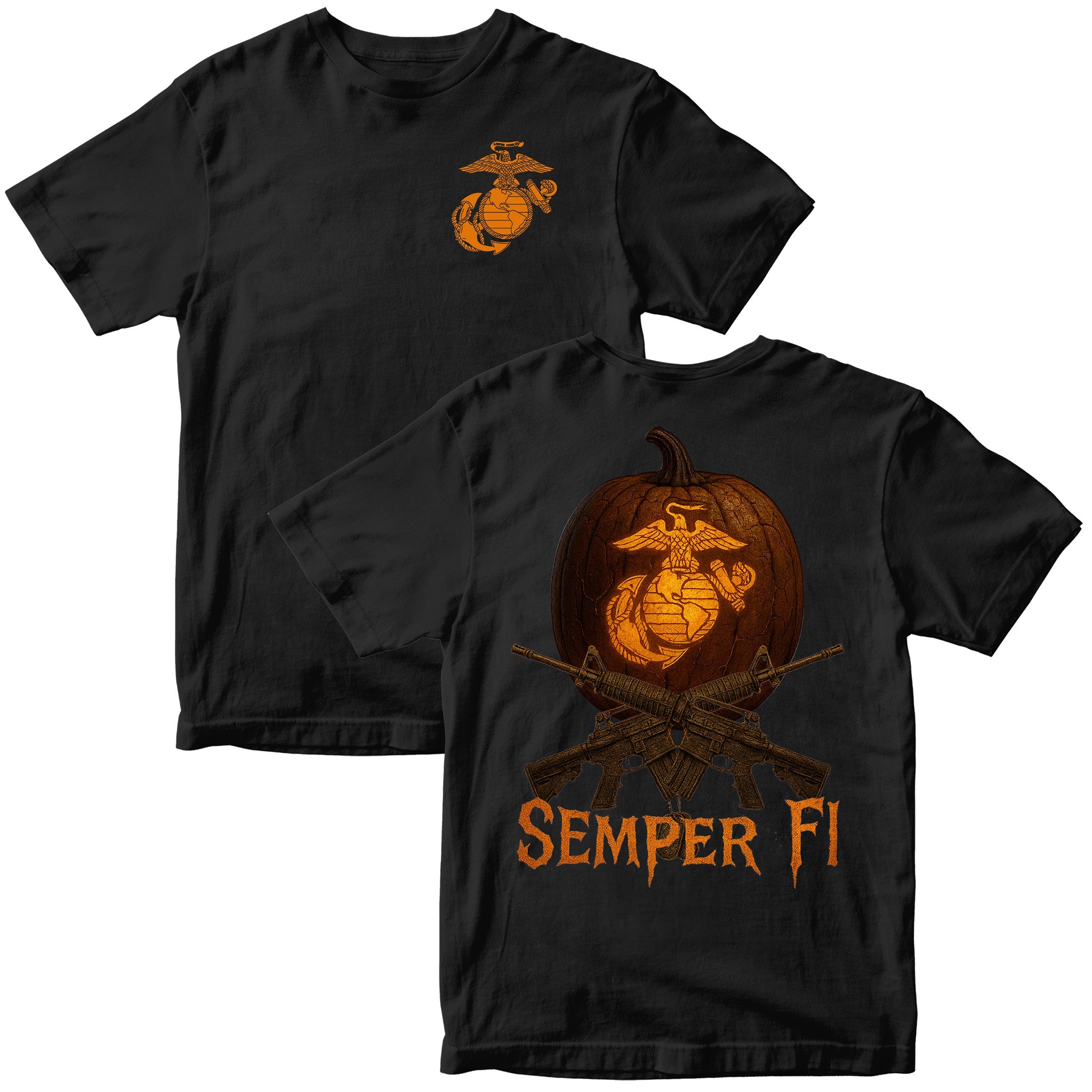 Marines Semper Fi Jack-O’-Lantern Halloween T-shirt in black with orange Eagle, Globe, and Anchor on chest and large back design of glowing jack-o’-lantern carved with EGA, crossed rifles, and “Semper Fi” text. USMC halloween t-shirt. Marines Halloween Tee
