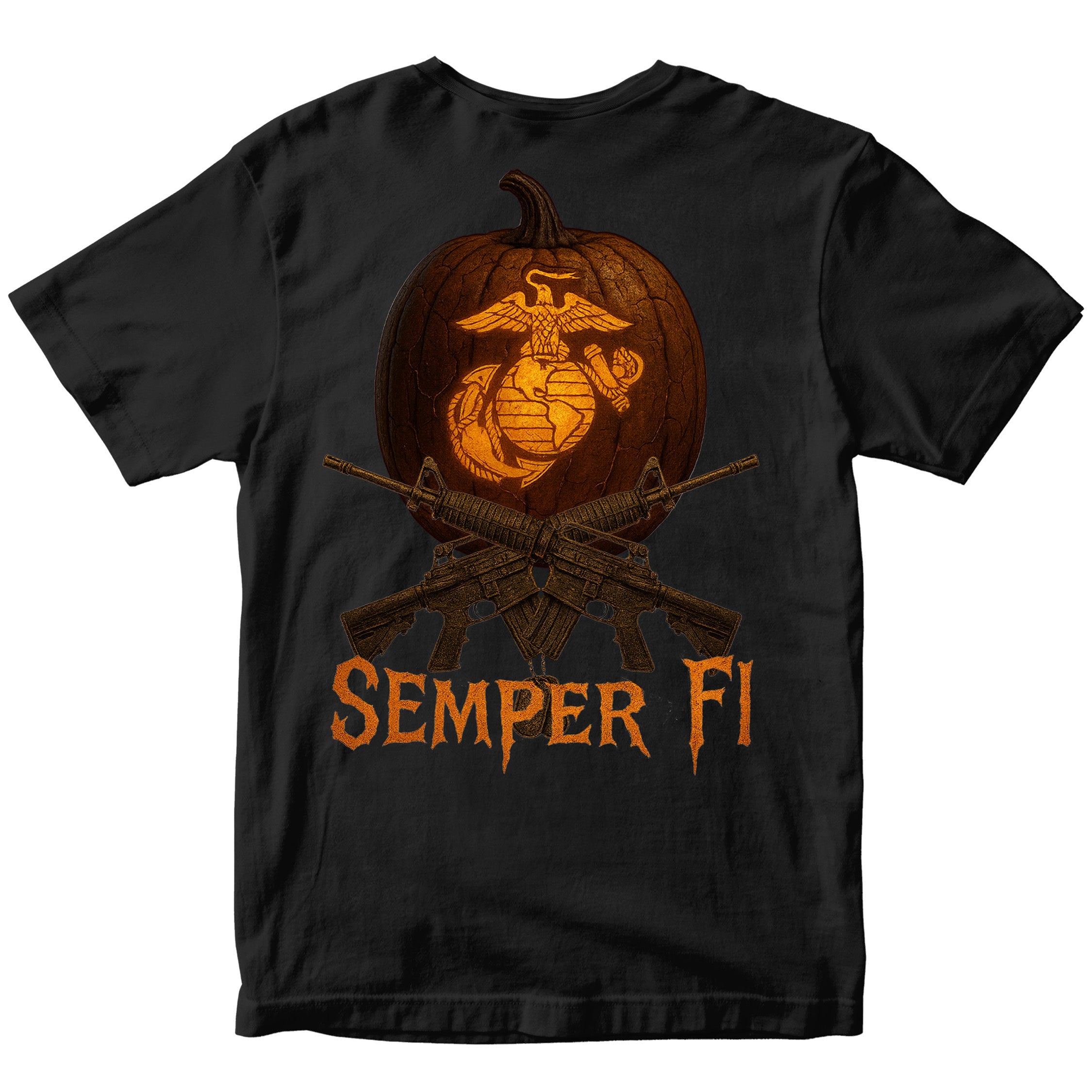 Marines Semper Fi Jack-O’-Lantern Halloween T-shirt in black with back design of glowing jack-o’-lantern carved with EGA, crossed rifles, and “Semper Fi” text. USMC halloween t-shirt. Marines Halloween Tee