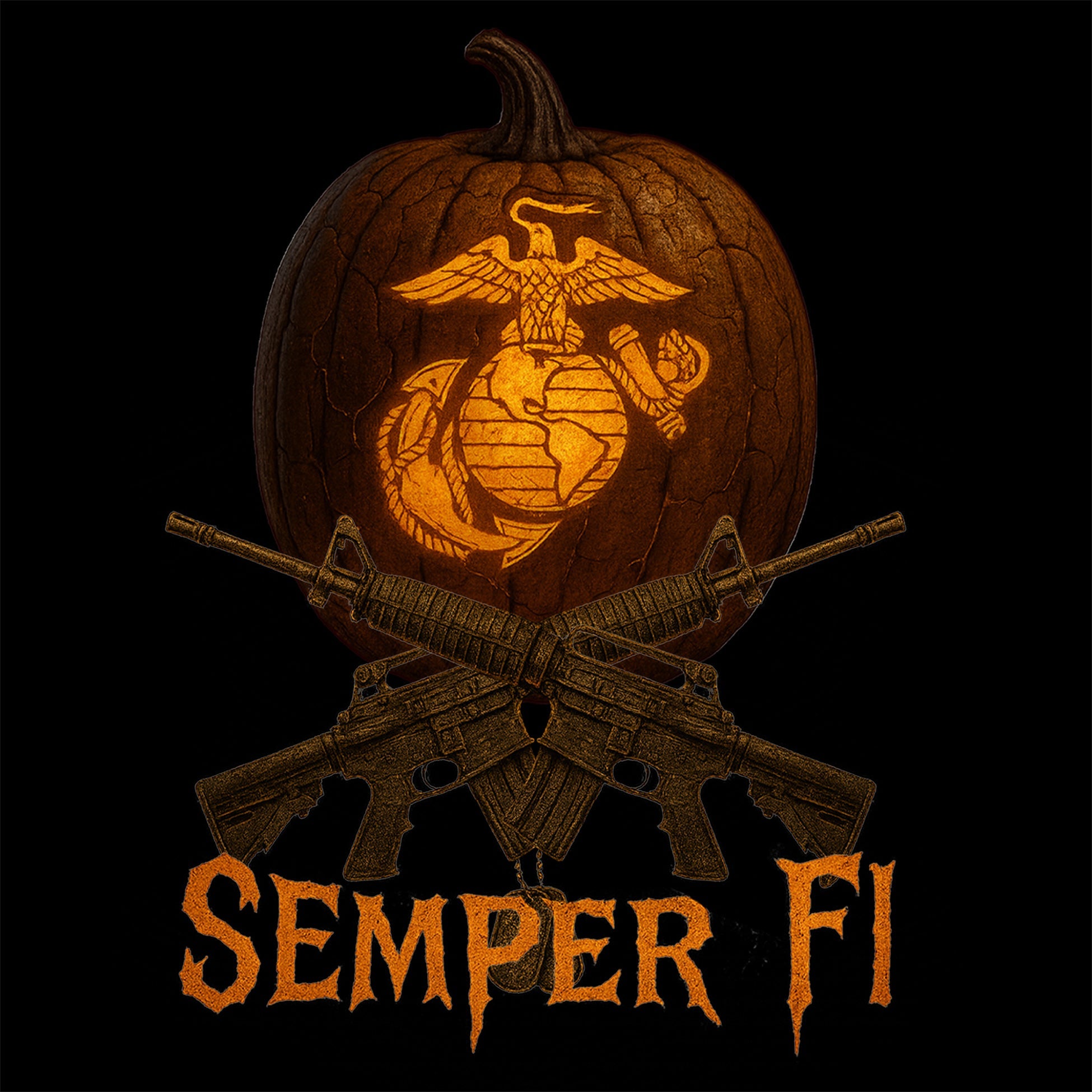 Marines Semper Fi Jack-O’-Lantern Halloween back design of glowing jack-o’-lantern carved with EGA, crossed rifles, and “Semper Fi” text. USMC halloween t-shirt. Marines Halloween Tee