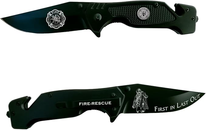 Firefighter - Black Folding Spring Assisted Tactical Knife