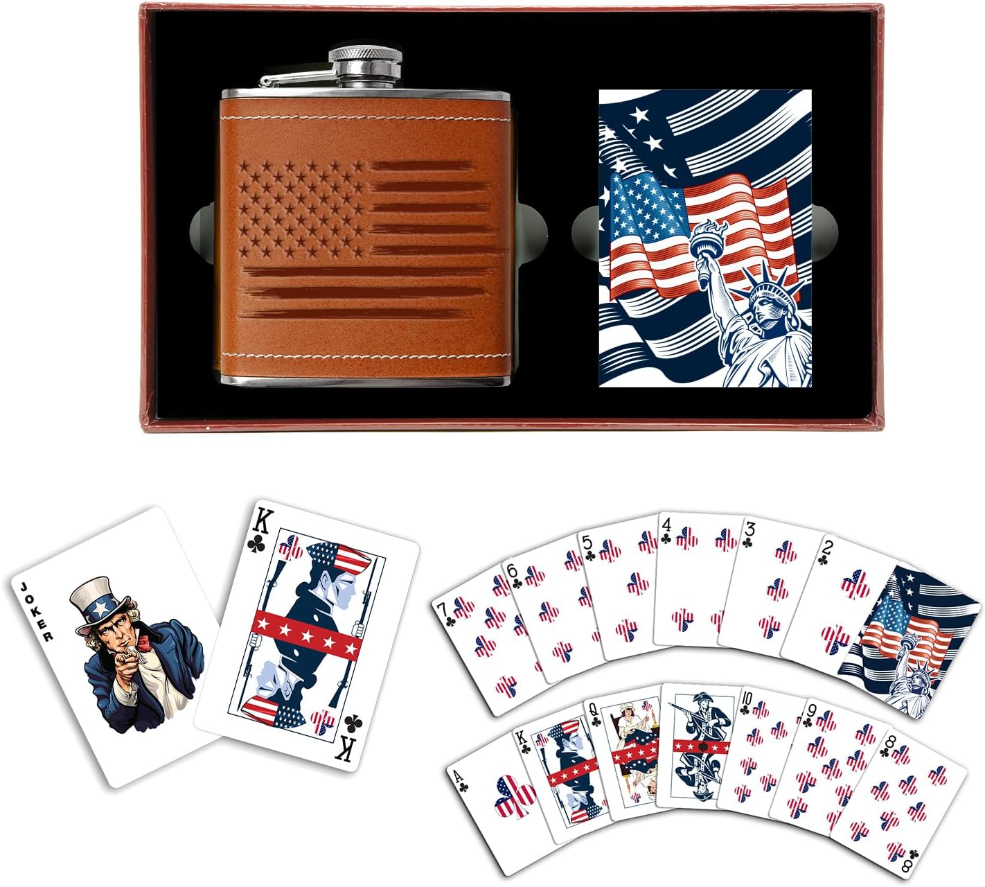 US Flag - Leather Flask & Playing Card Gift Set