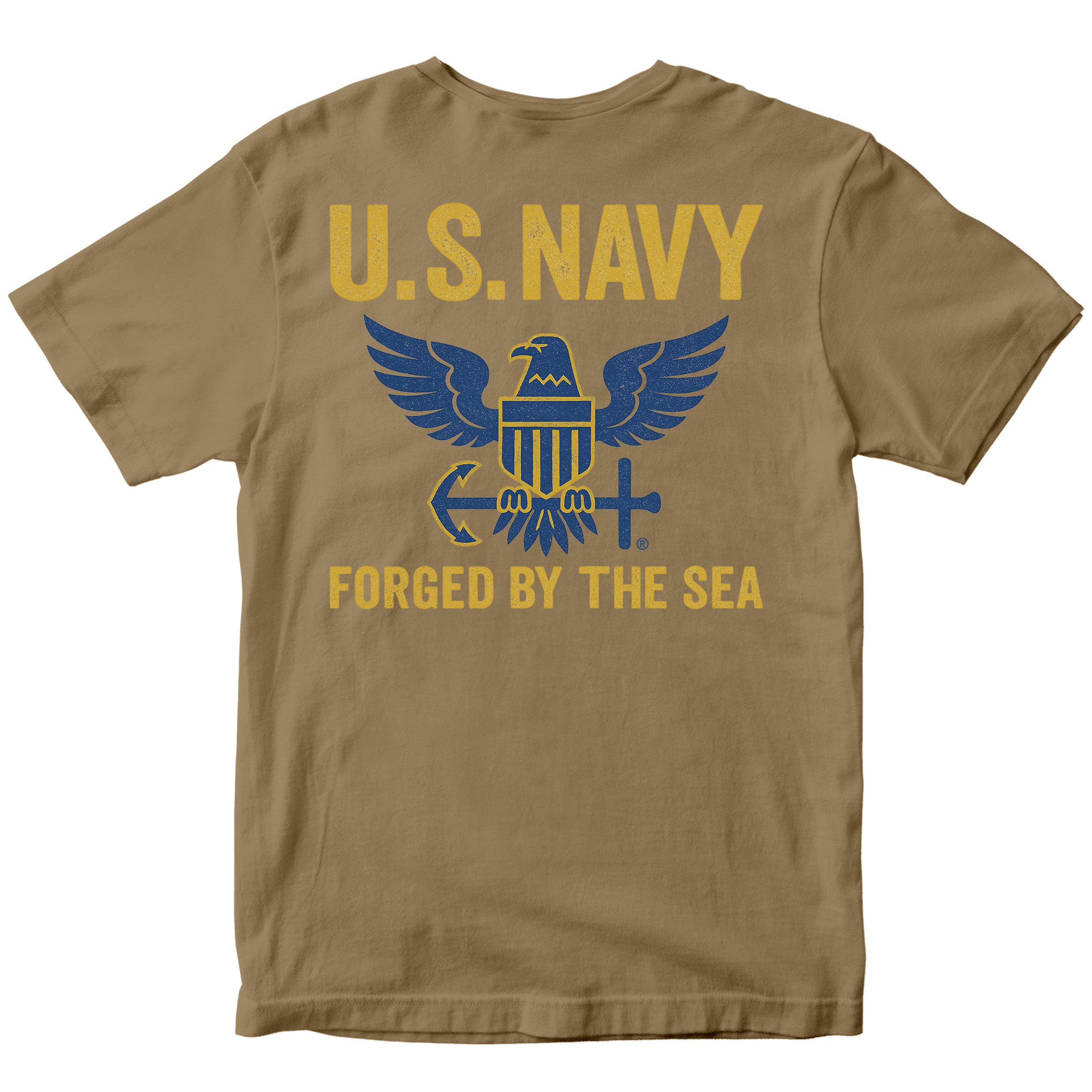 Brown U.S. Navy shirt with large gold and blue eagle emblem and Forged By The Sea slogan