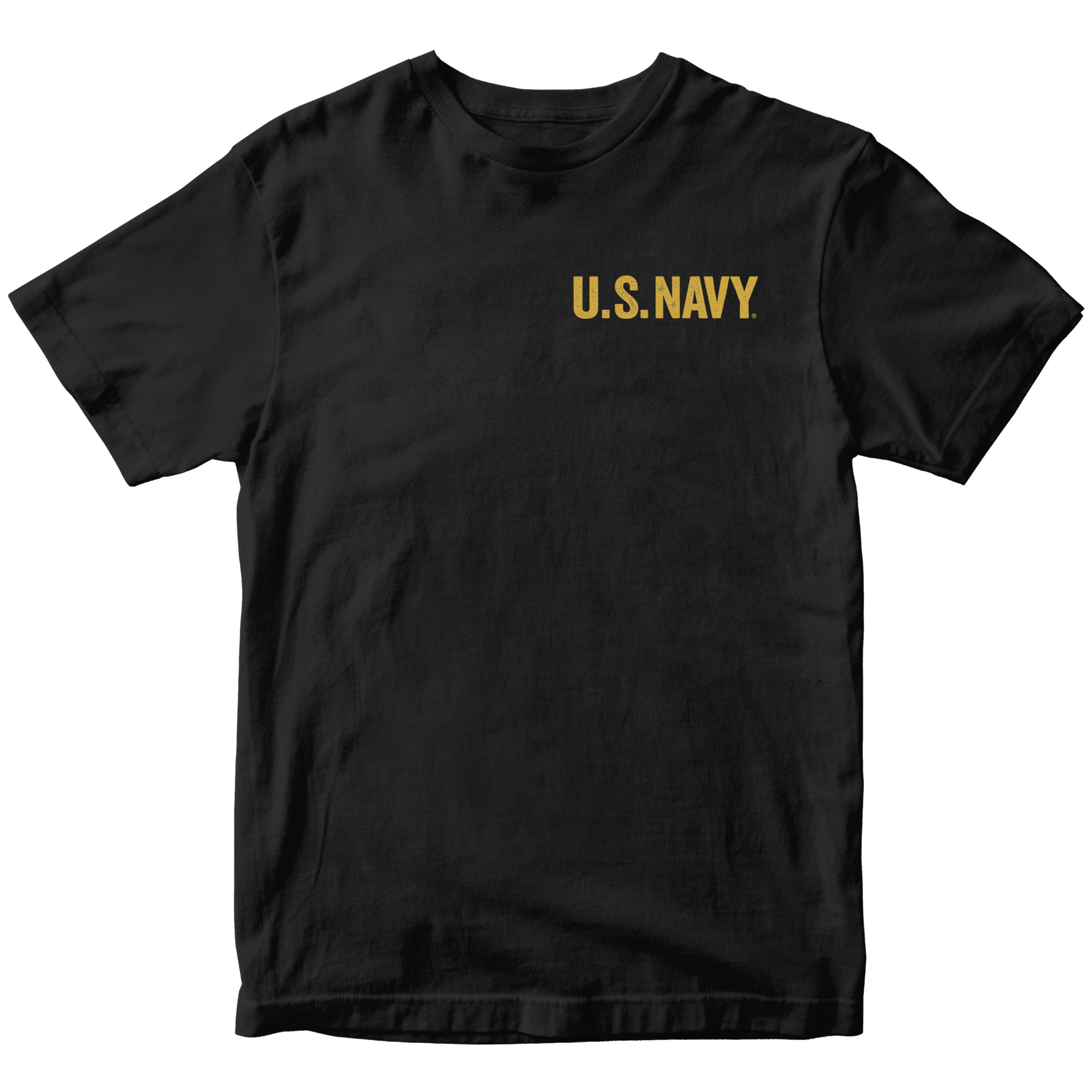 black U.S. Navy t-shirt with small gold U.S. Navy text on chest