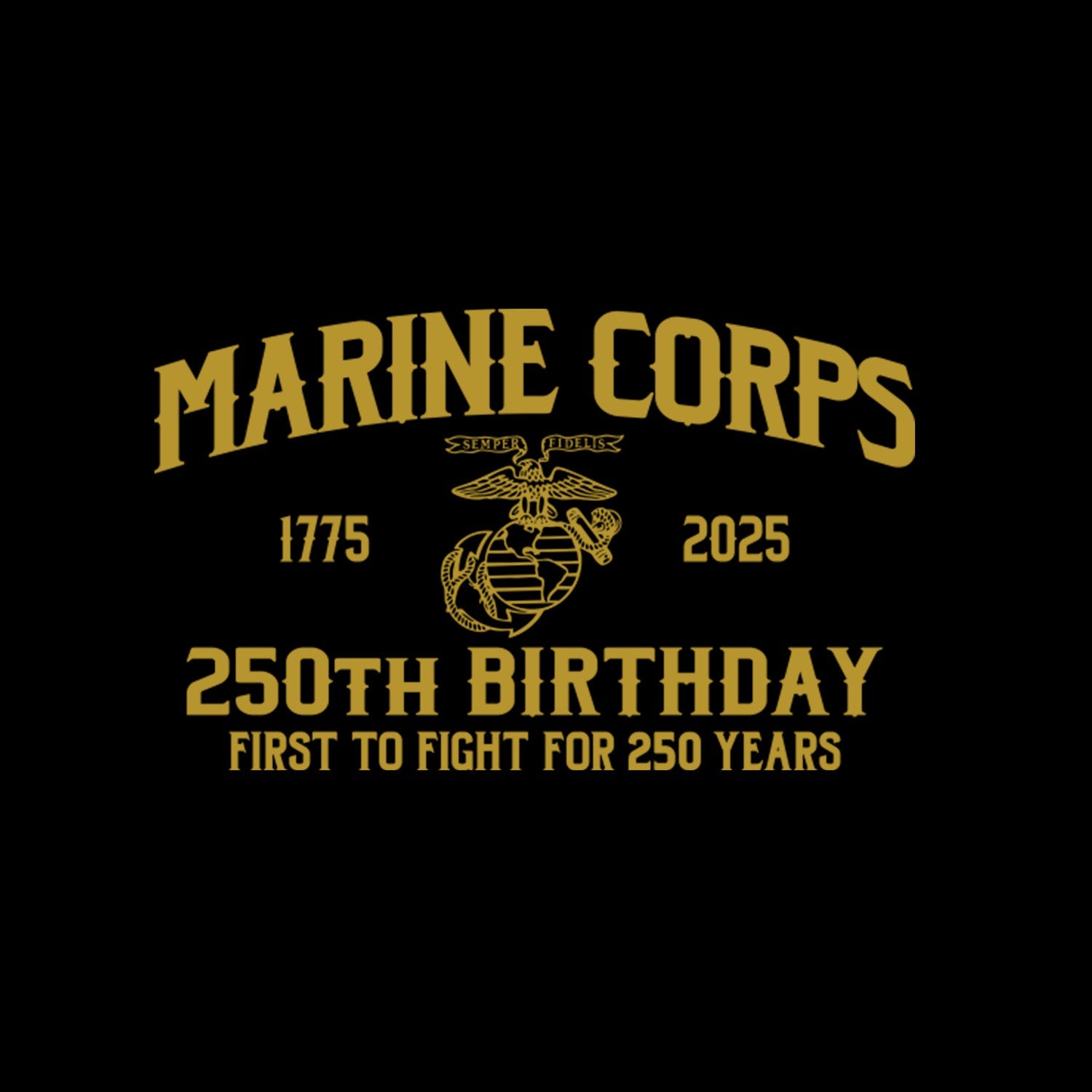 Marine Corps 250th Birthday logo with text on a black background