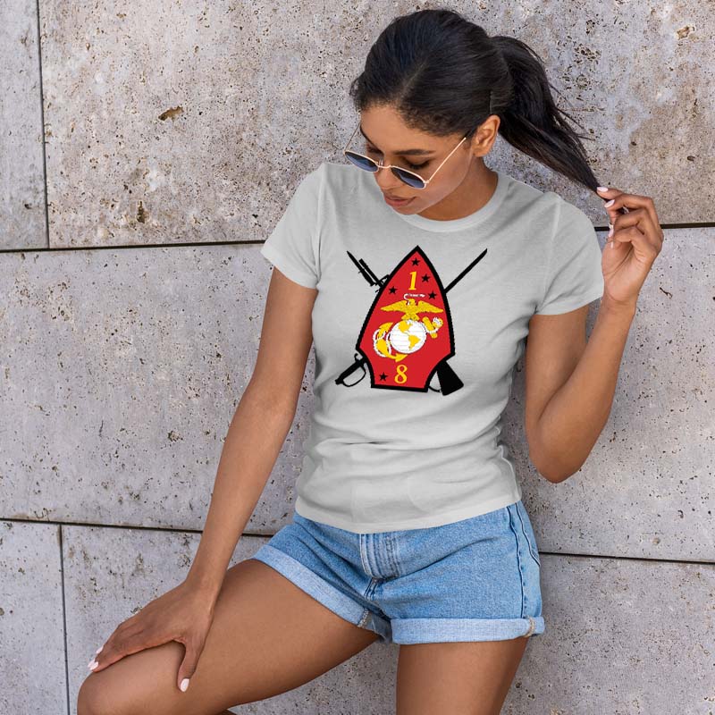 1stBn 8th Marines women's shirt, 1stBn 8th Marines ladies apparel logo 1/8 usmc logo