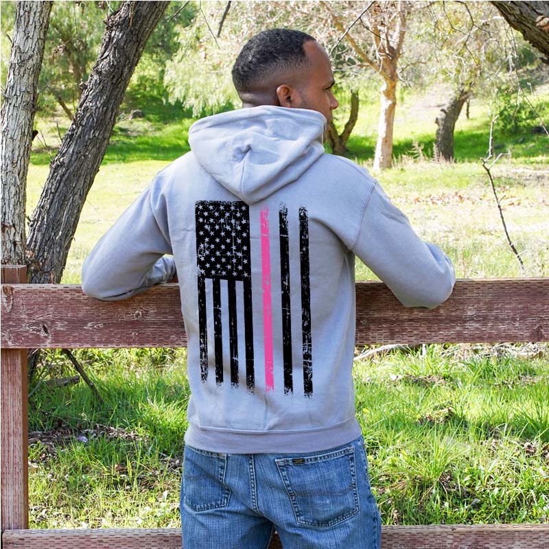 Grey Cancer Awareness Hoodie. Patriotic Pink Cancer Flag Tee
