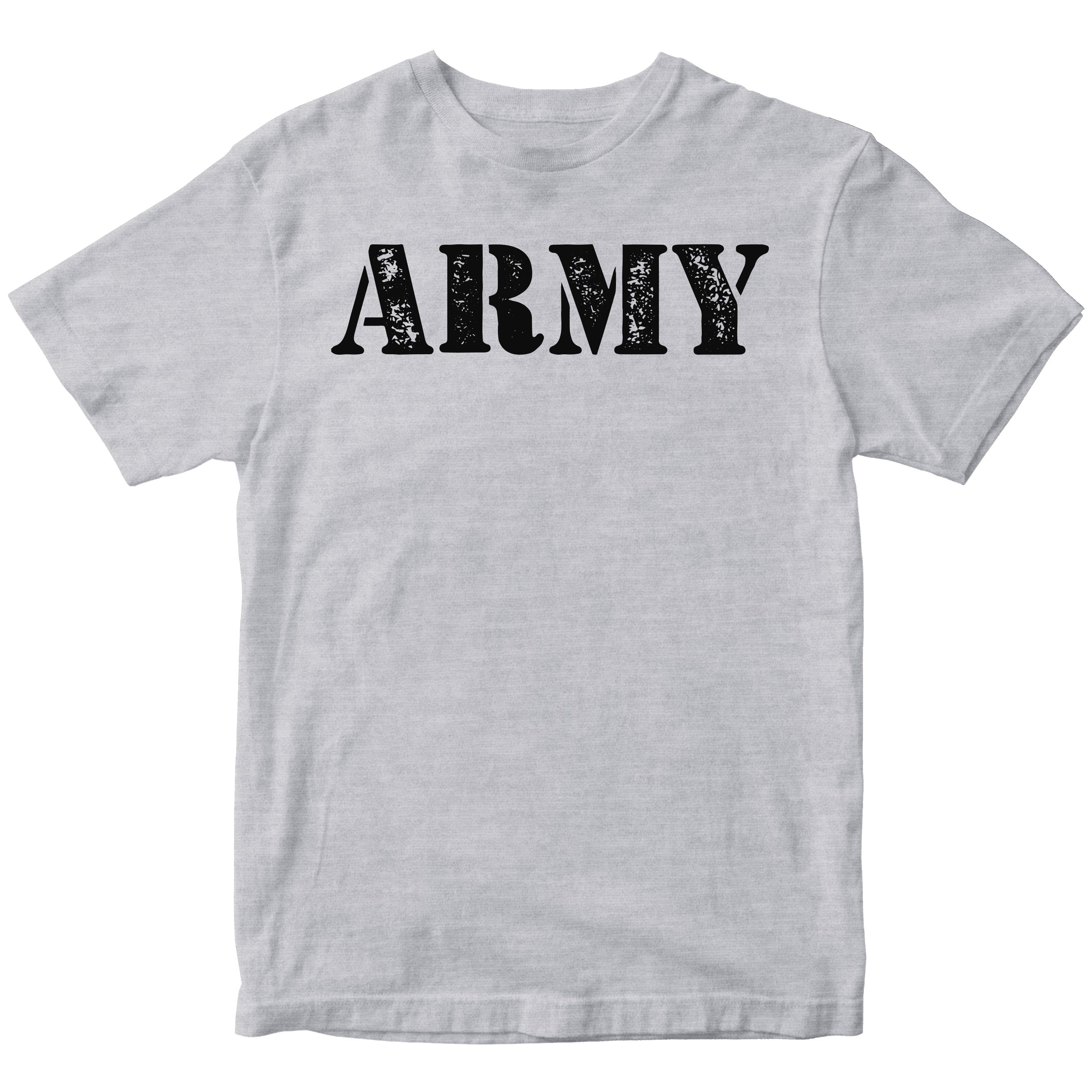 Gray Army T-shirt with Grunge Distressed Vintage Style 'ARMY' lettering across the chest.”