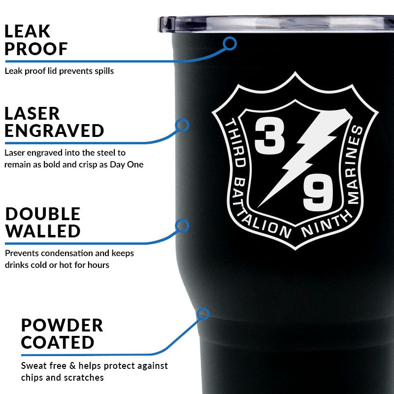 Third Battalion Ninth Marines (3/9) USMC Unit Logo Laser Engraved Stainless Steel Marine Corps Tumbler - 30 oz