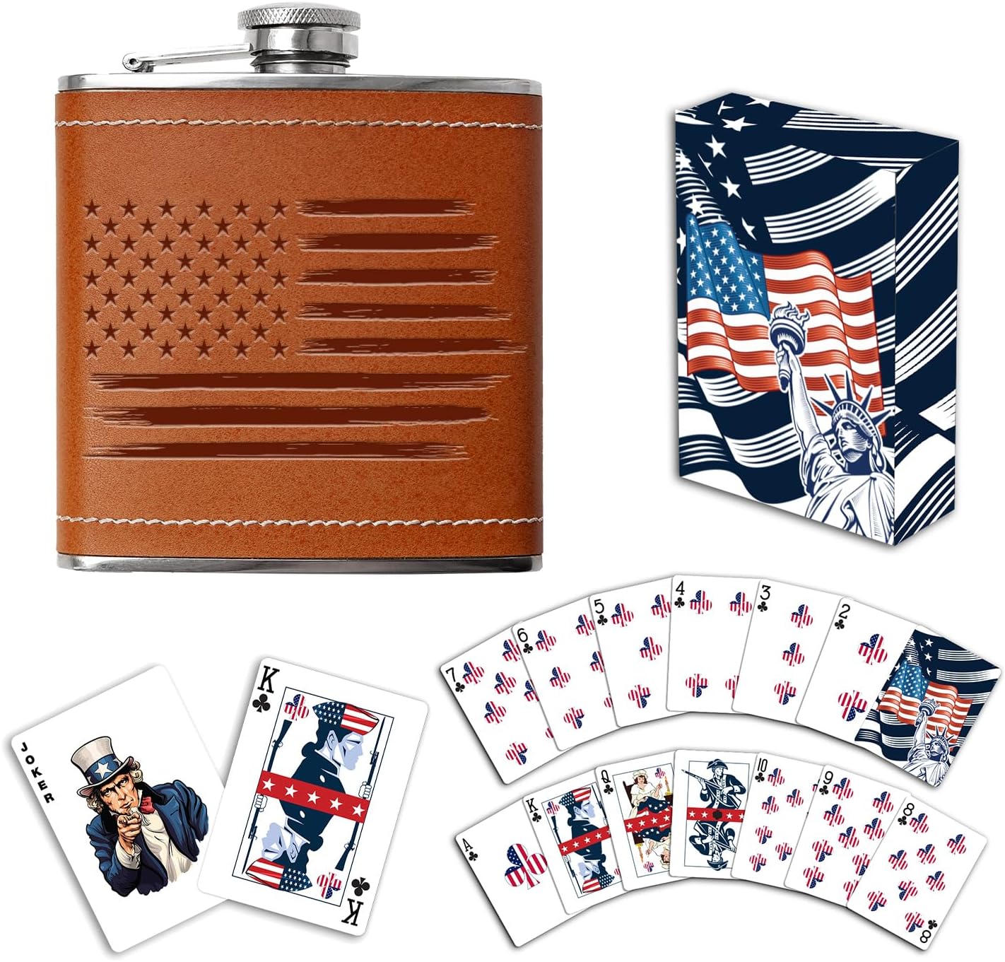 US Flag - Leather Flask & Playing Card Gift Set