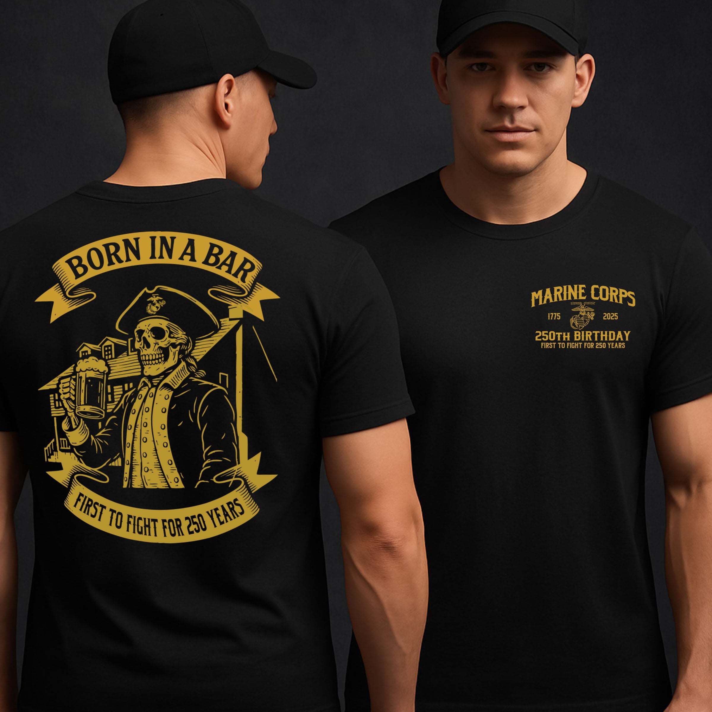 Marine Corps 250th Birthday Born in a Bar t-shirt in black, featuring front chest seal with Eagle, Globe, and Anchor and back graphic of skeleton Marine at Tun Tavern with Born in a Bar banner