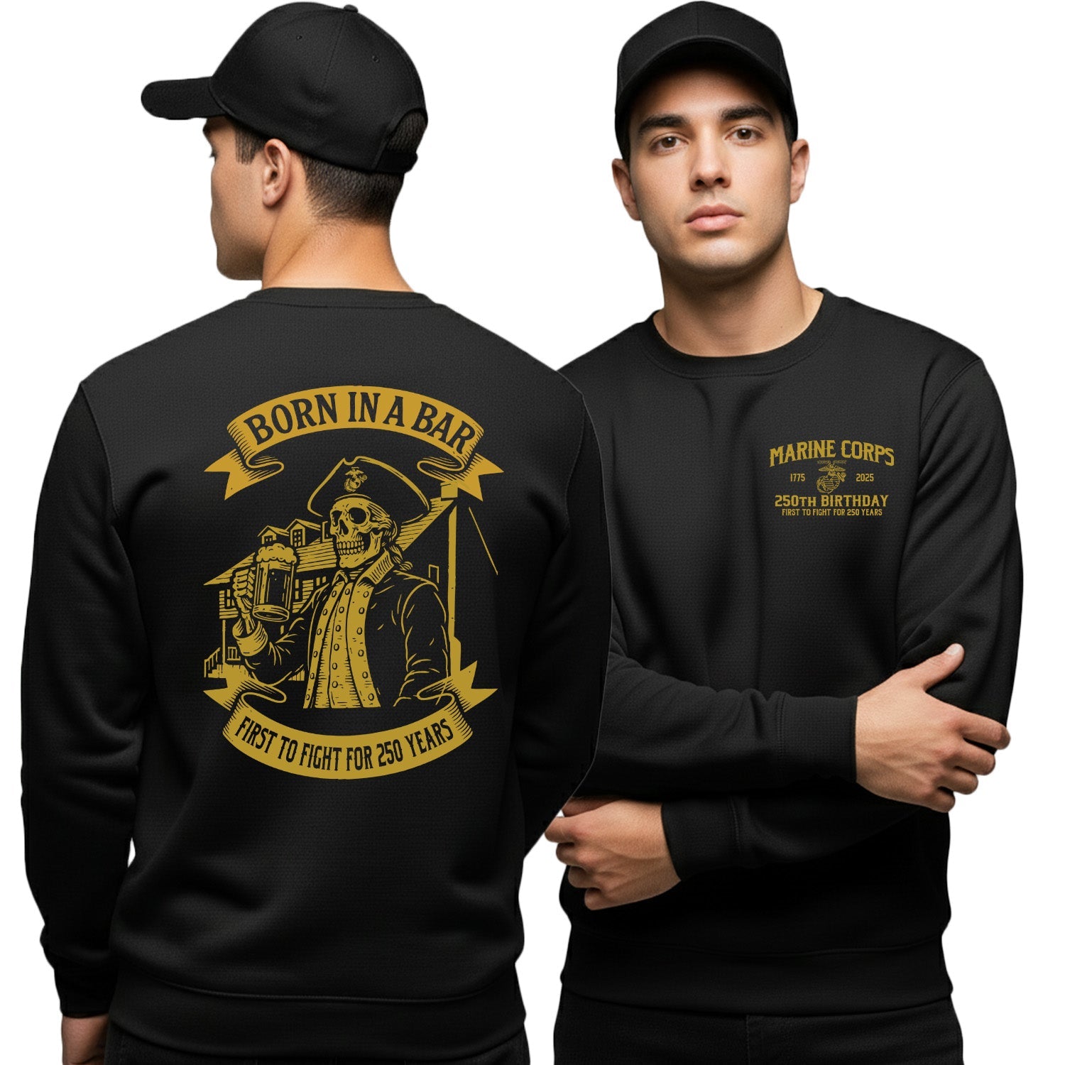 Black sweatshirt with gold USMC graphics and text on a white Tun Tavern USMC 250th birthday