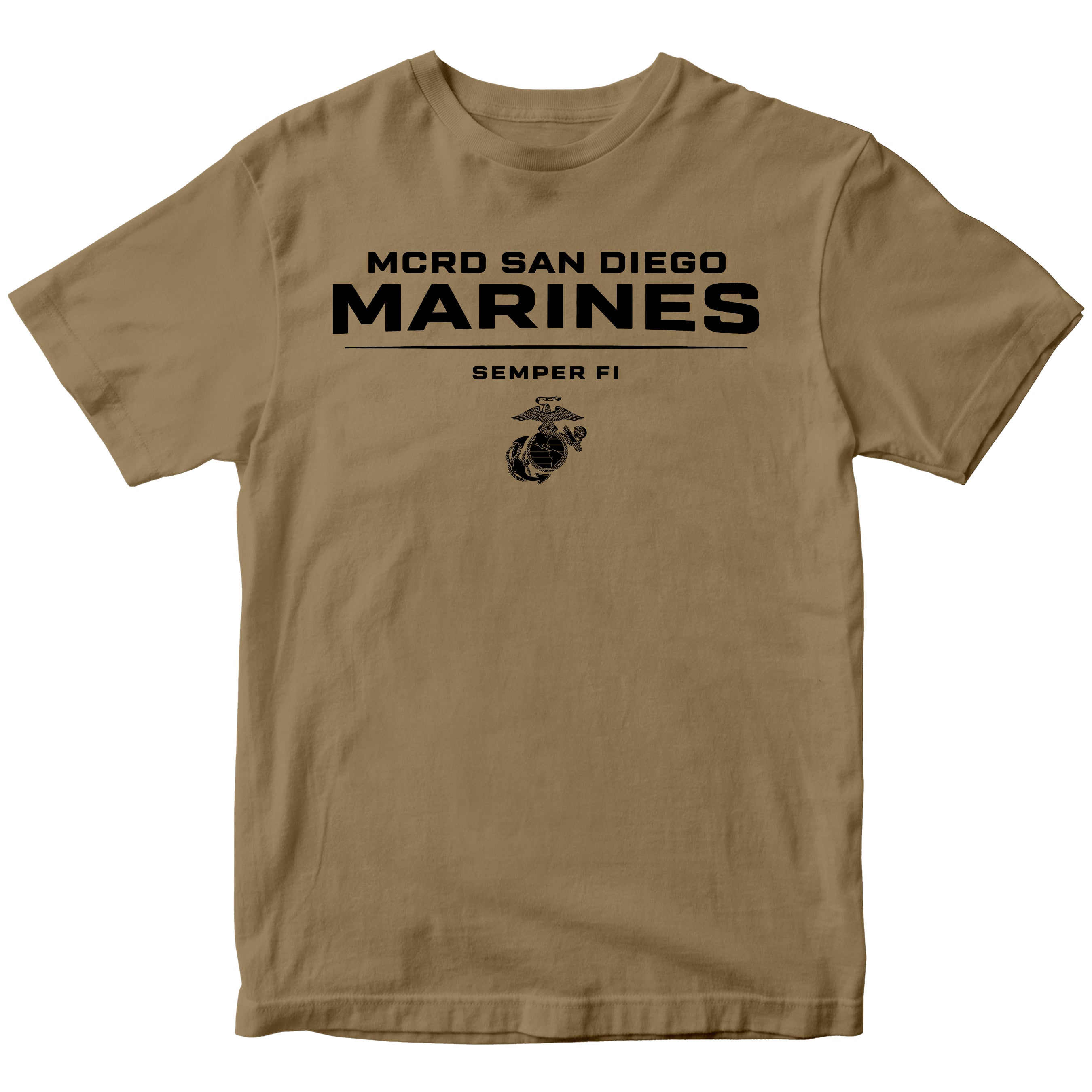 Brown MCRD San Diego Marines T-shirt with EGA and Semper Fi. United States Marine Corps San Diego Tee