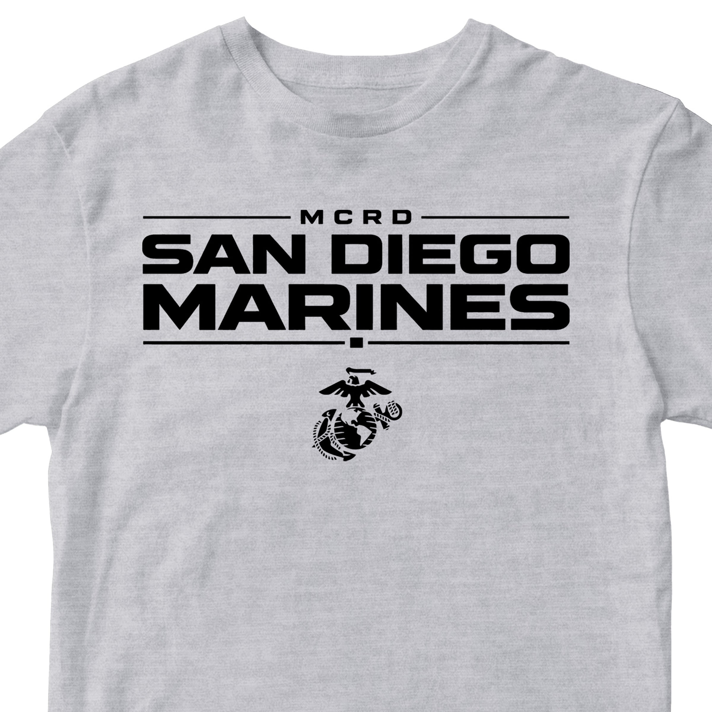 Gray MCRD San Diego Marines T-shirt with Eagle Globe and Anchor Marine Corps design. Marine Corps MCRD San Diego Tee