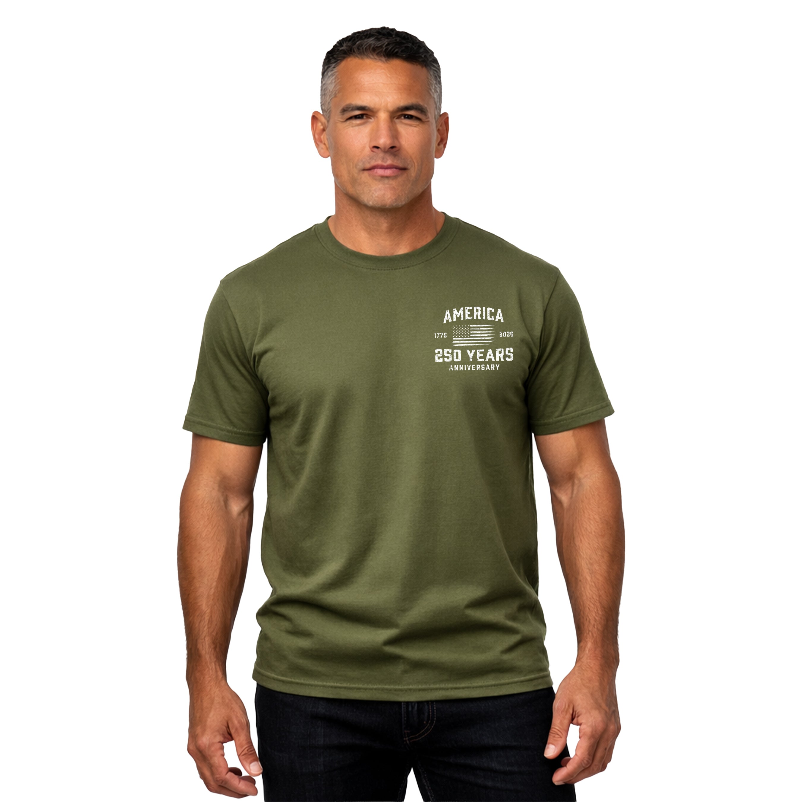 America 250 Years 1776 2026 T-shirt with American flag chest seal design. Patriotic green T-shirt celebrating 250 years of American independence