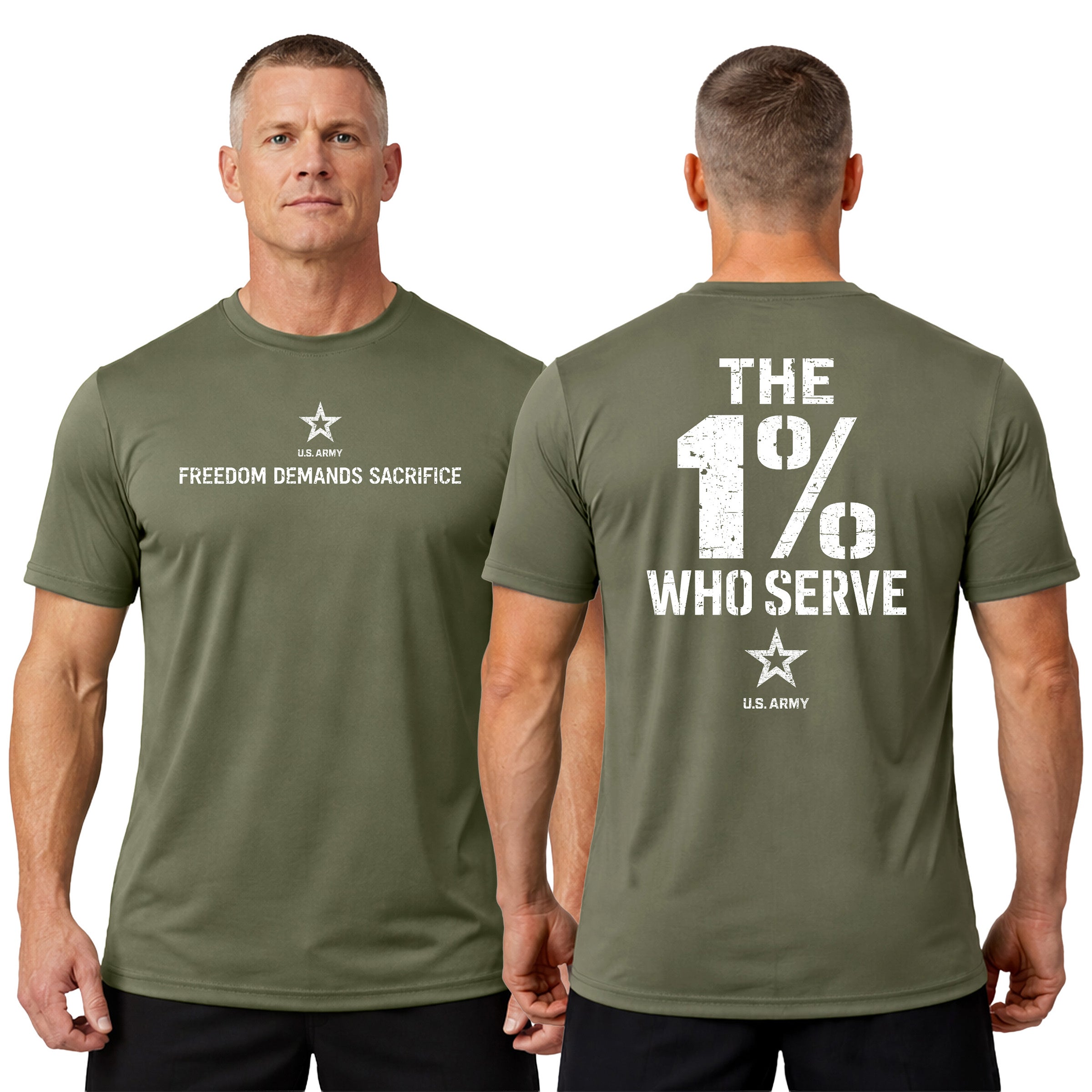 The 1% Who Serve ARMY Performance T-shirt with Freedom Demands Sacrifice Graphic. U.S. Army patriotic T-shirt for Memorial Day and 4th of July with 1% who serve design.