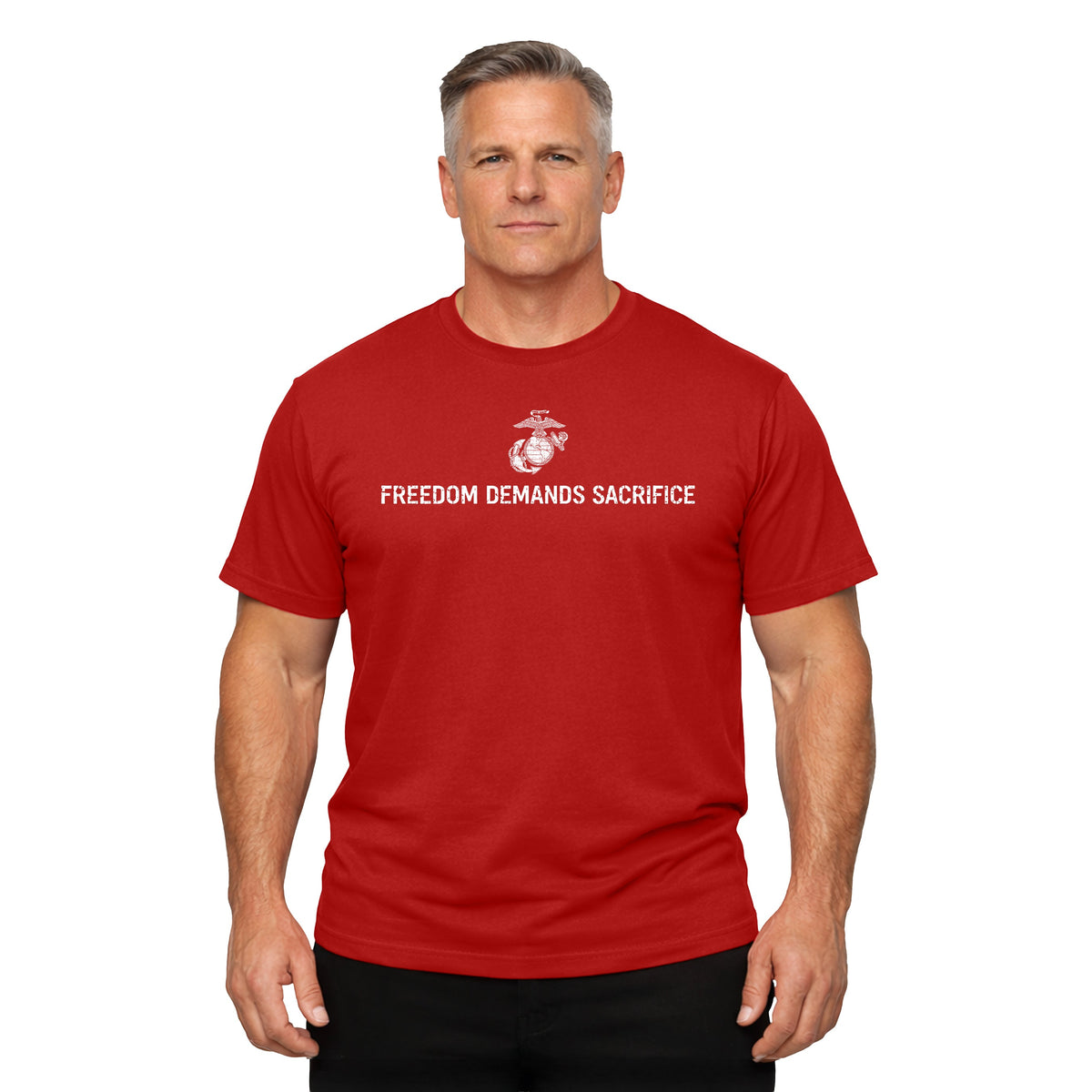 Freedom Demands Sacrifice Red USMC T-Shirt. USMC patriotic T-shirt for Memorial Day and 4th of July with 1% who serve design.