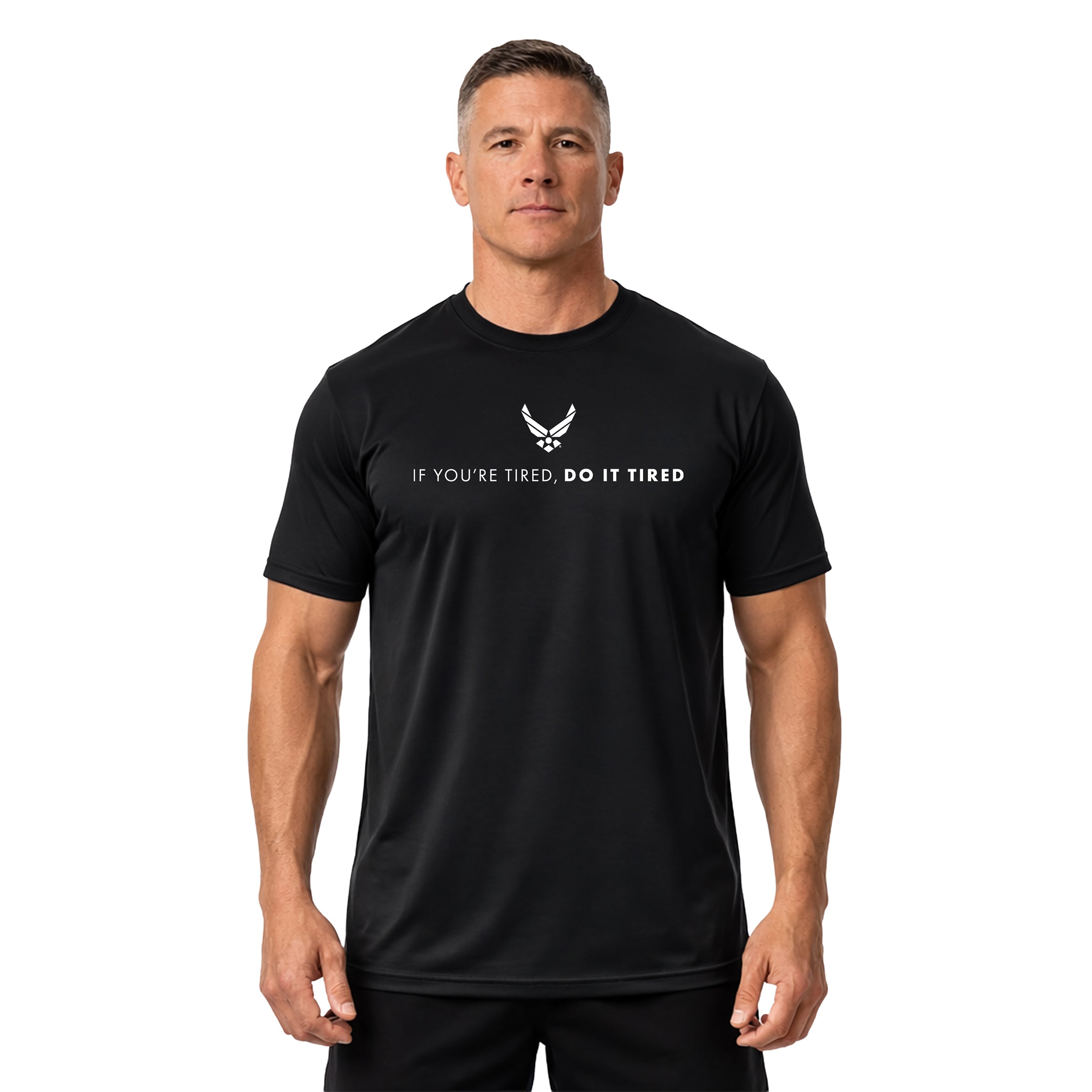 U.S. Air Force Do It Tired performance T-shirt with Air Force symbol and motivational text. Air Force black workout T-shirt. Air Force Activewear