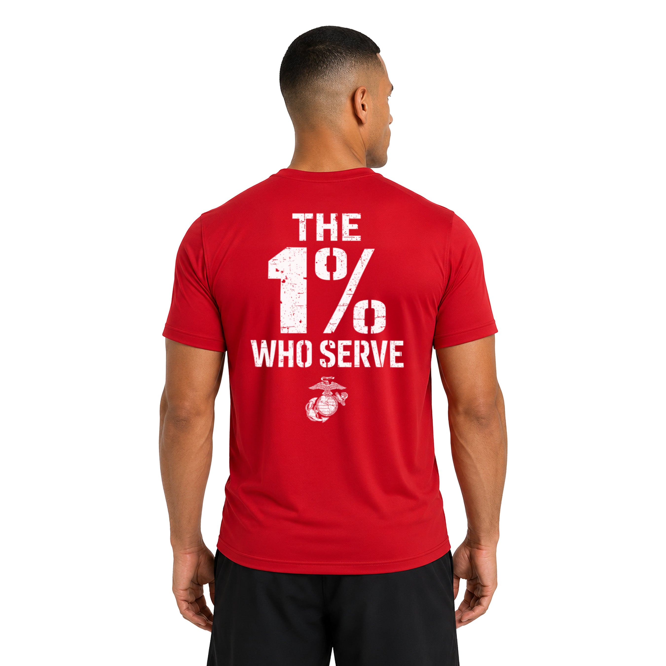 USMC 1 percent who serve performance Tee. USMC Red performance T-shirt with The 1% Who Serve back graphic