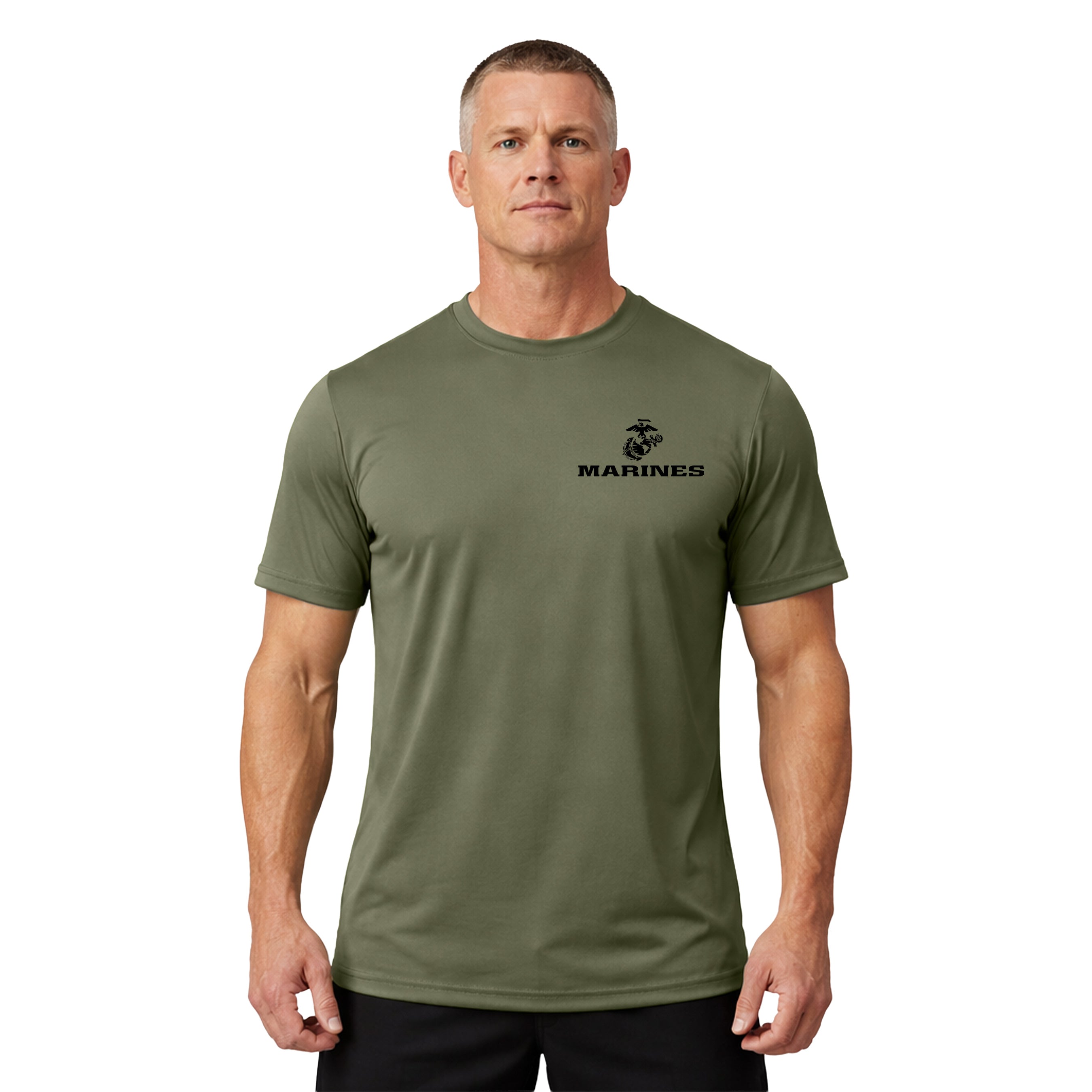 USMC Eagle Globe and Anchor Marines chest seal performance T-shirt. Marines green Performance Tee. USMC Activewear