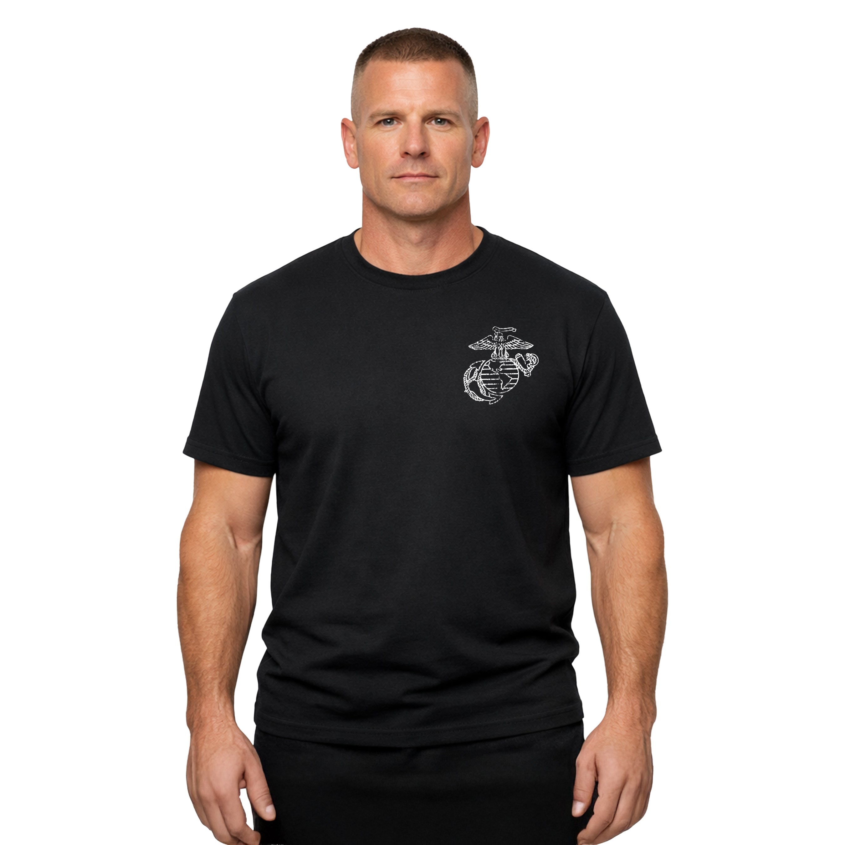 Black USMC T-shirt with Eagle Globe and Anchor.