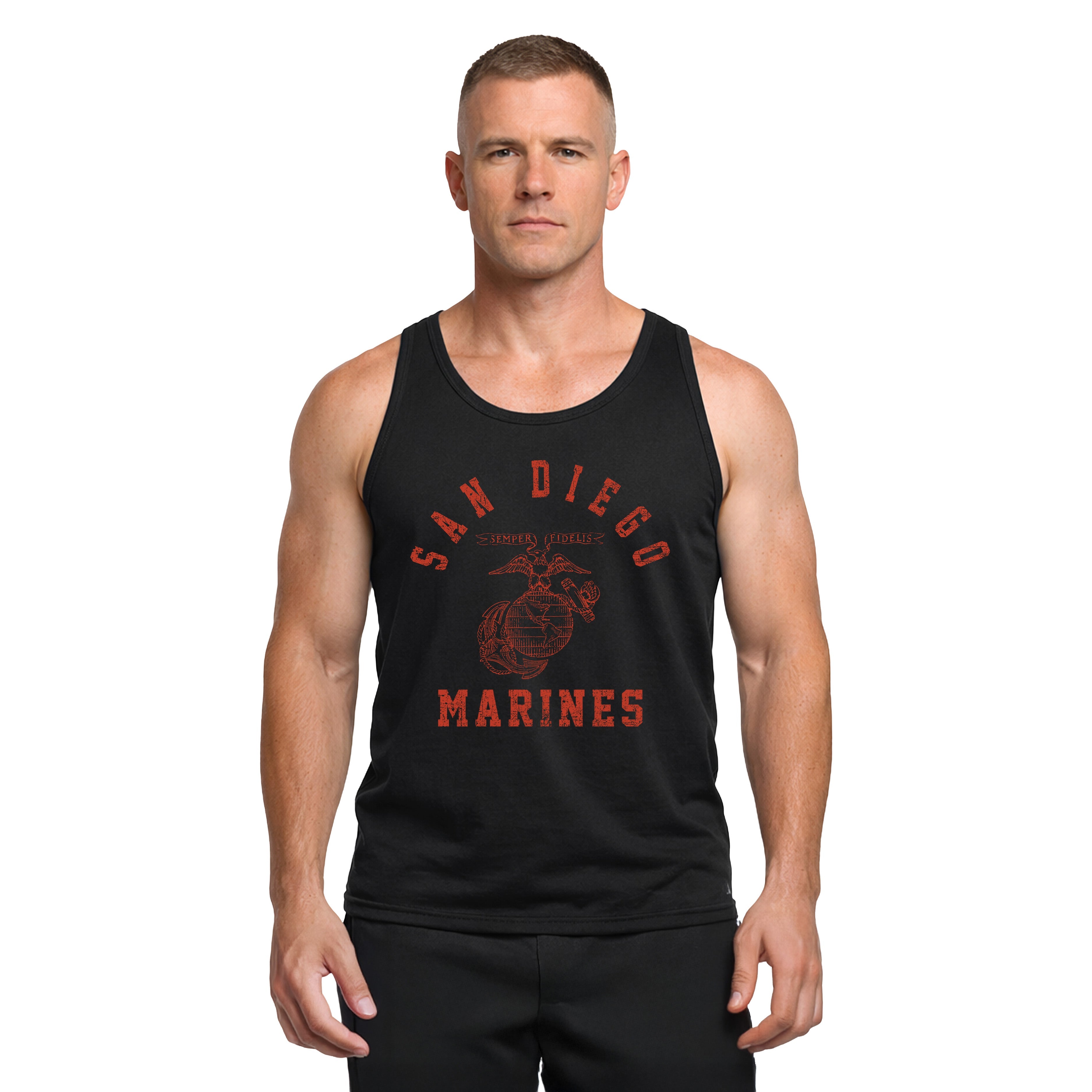 Black USMC Old School San Diego Training Tank featuring distressed red Marines text and Eagle, Globe, and Anchor artwork on the front.
