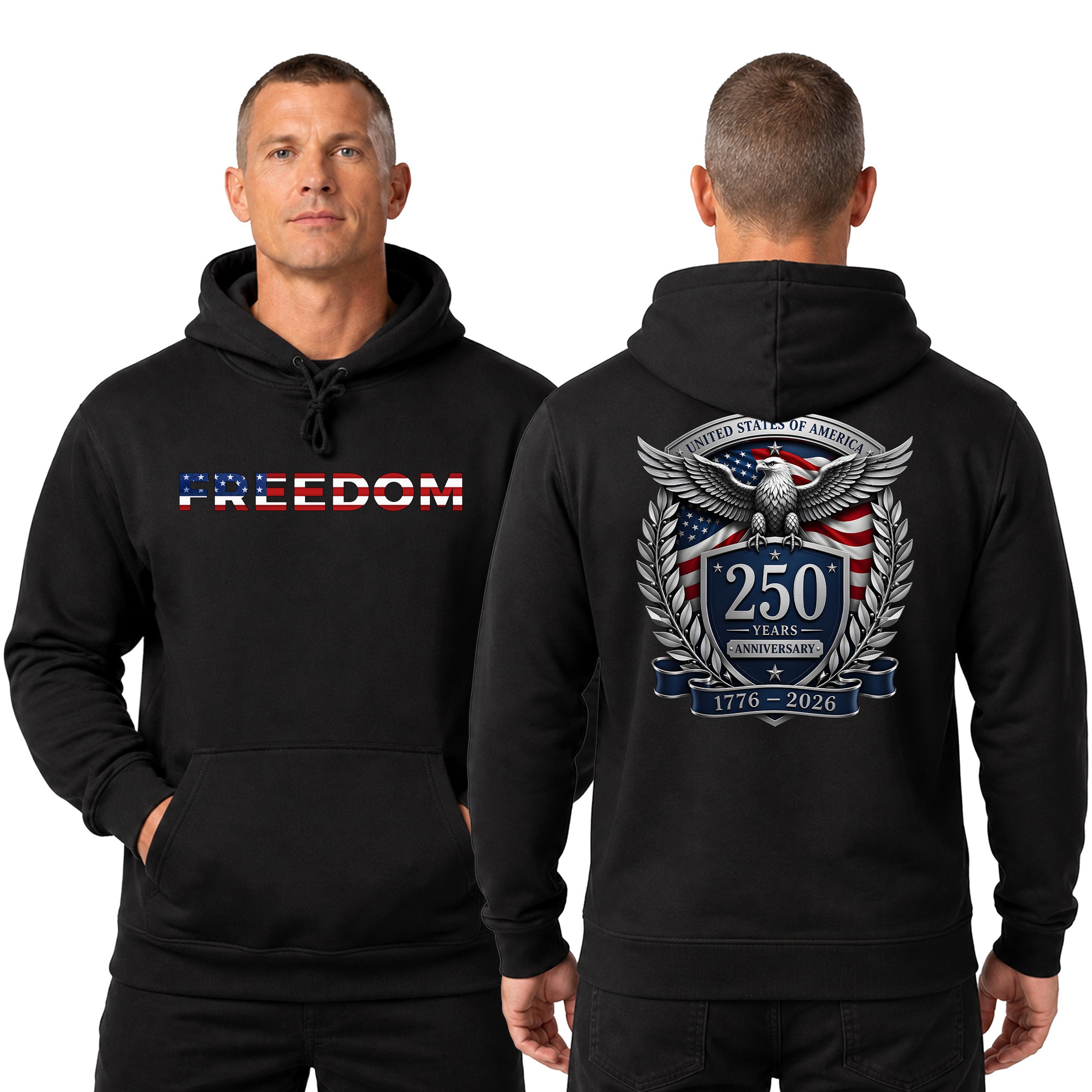 America's 250th birthday hoodie. USA 250 years anniversary hoodie with freedom eagle design and American flag back print. Black Patriotic Hoodie