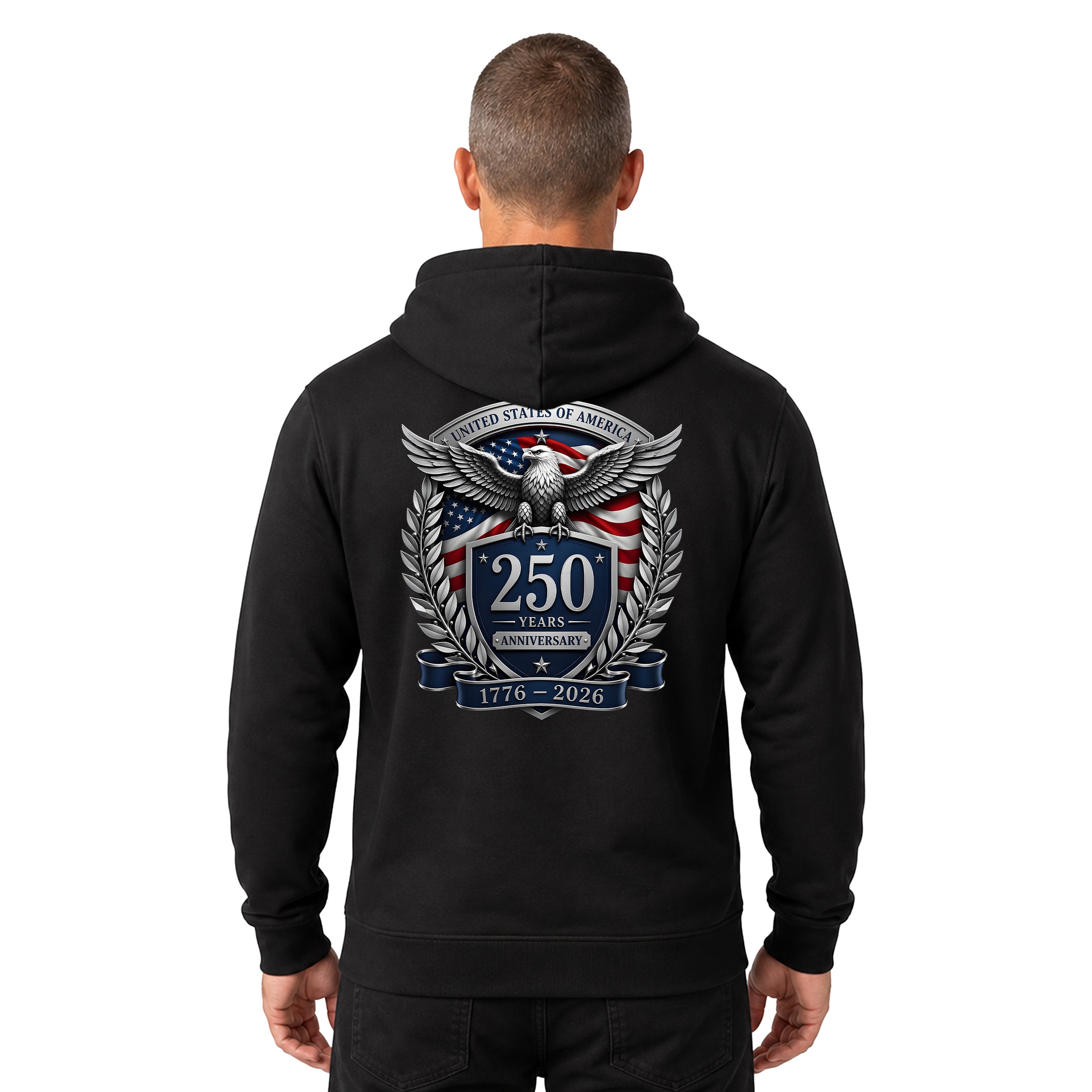 America's 250th birthday hoodie. USA 250 years anniversary hoodie with freedom eagle design and American flag back print. Black Patriotic Hoodie