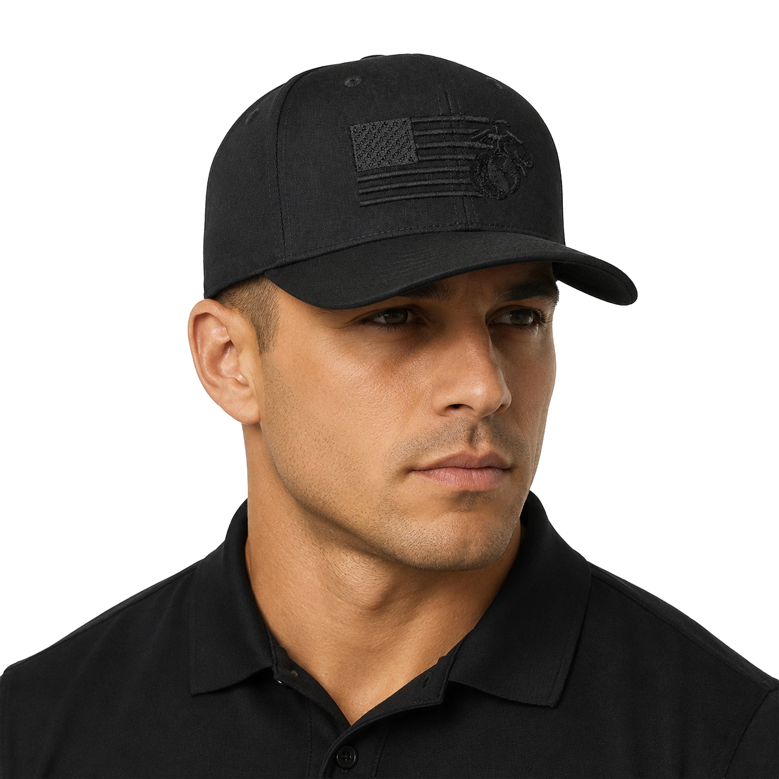 Black USMC Flexfit cap with tonal black-on-black embroidered split American flag and Eagle, Globe, and Anchor design. Marines black hat. USMC cover