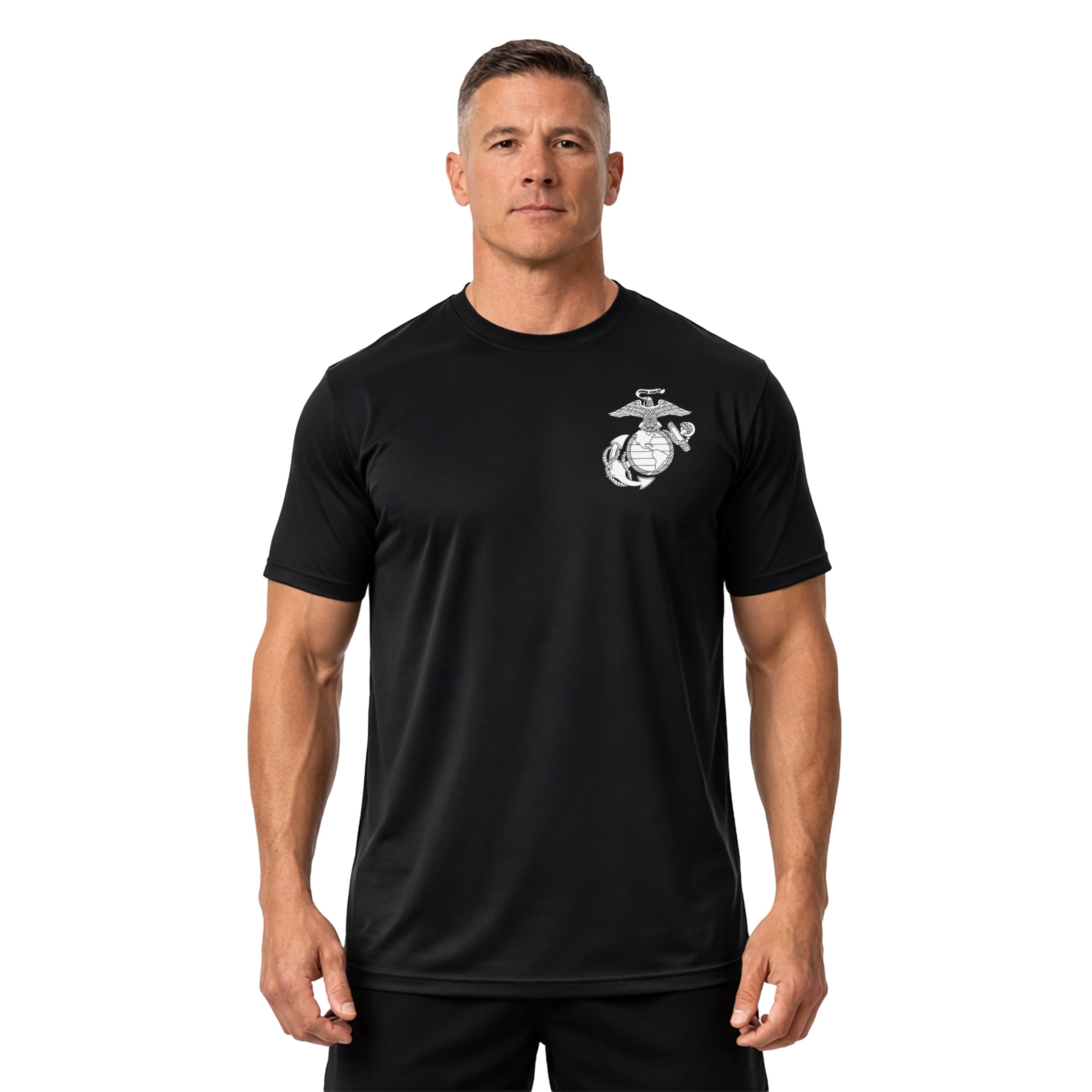 Marines vintage EGA chest seal performance T-shirt with Eagle Globe and Anchor tee. Black USMC performance Tee. USMC Activewear
