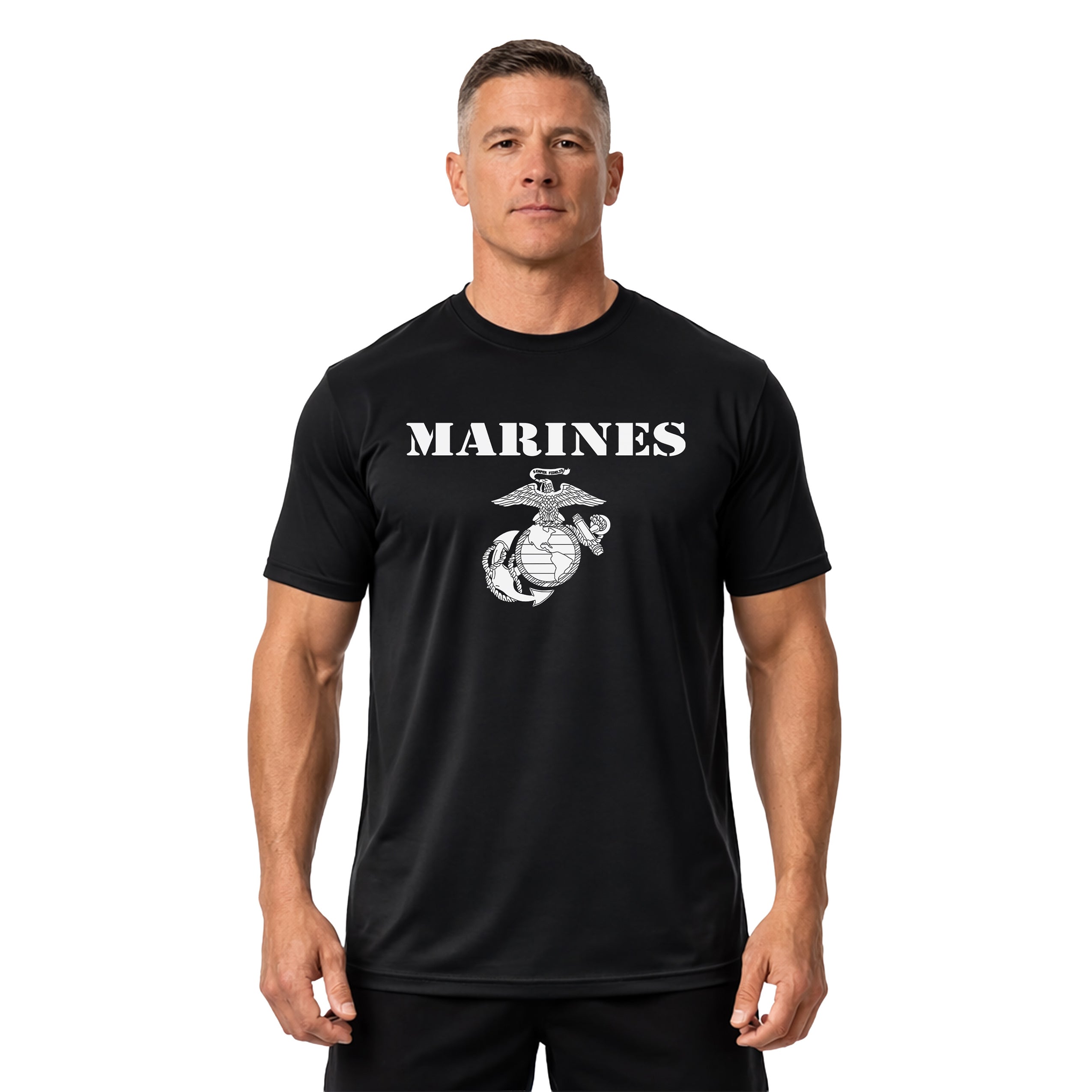 Vintage Marines EGA performance T-shirt with classic USMC Eagle Globe and Anchor. Black USMC workout tee. Marine Corps activewear