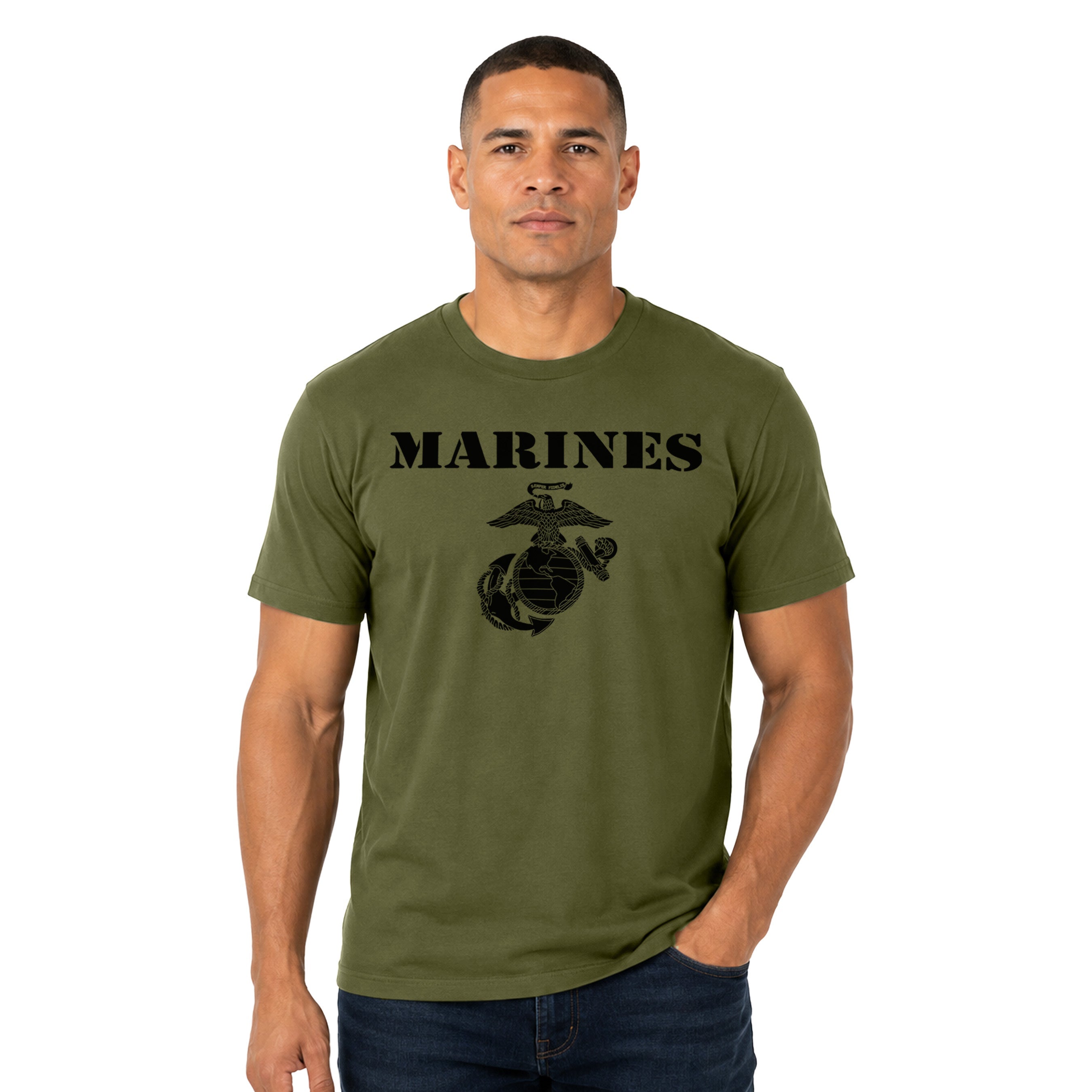 Vintage Marines EGA T-shirt with classic USMC Eagle Globe and Anchor. USMC miliary green Tee