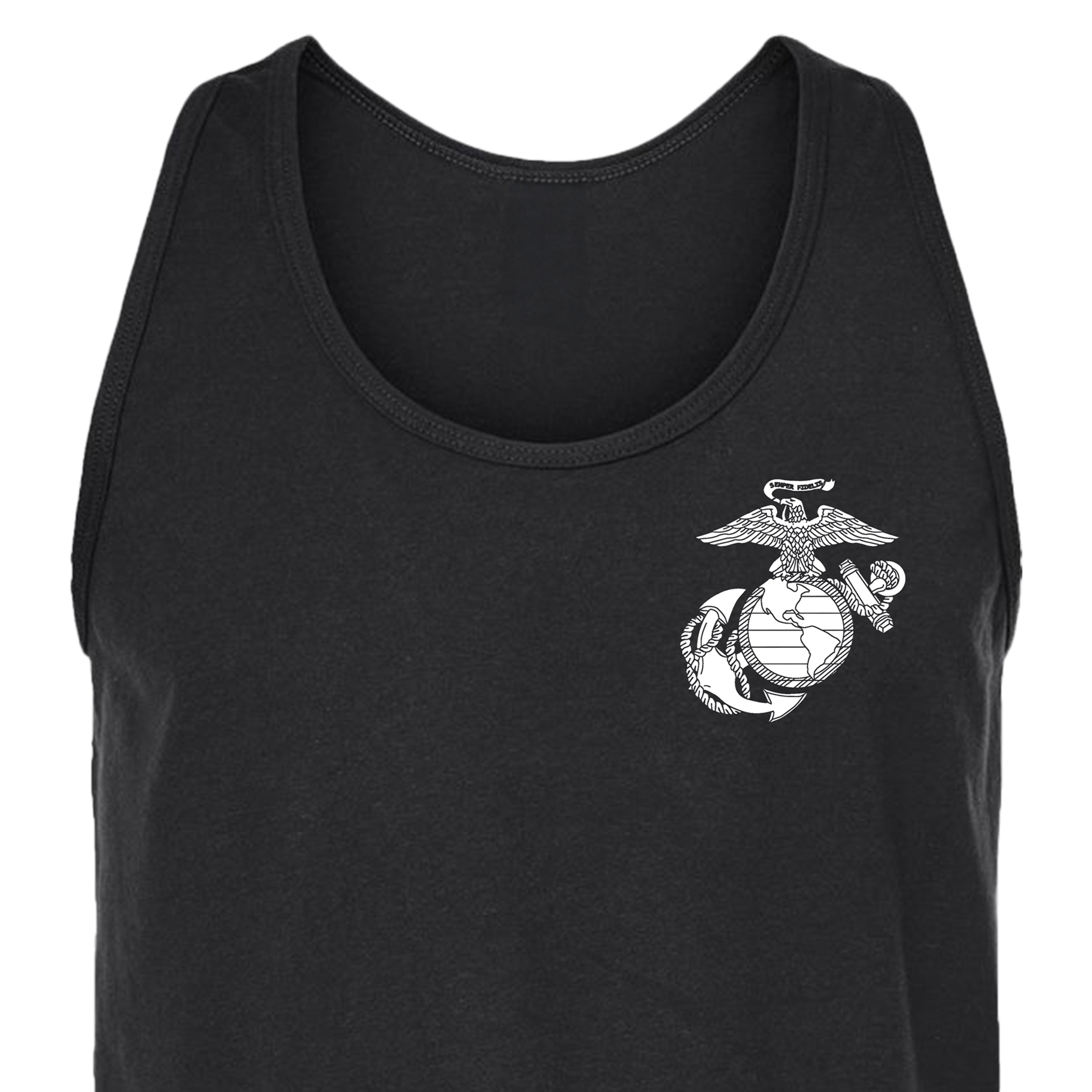 Men’s USMC tank top with front-left chest print of the Eagle, Globe, and Anchor emblem in white, Marine Corps design.