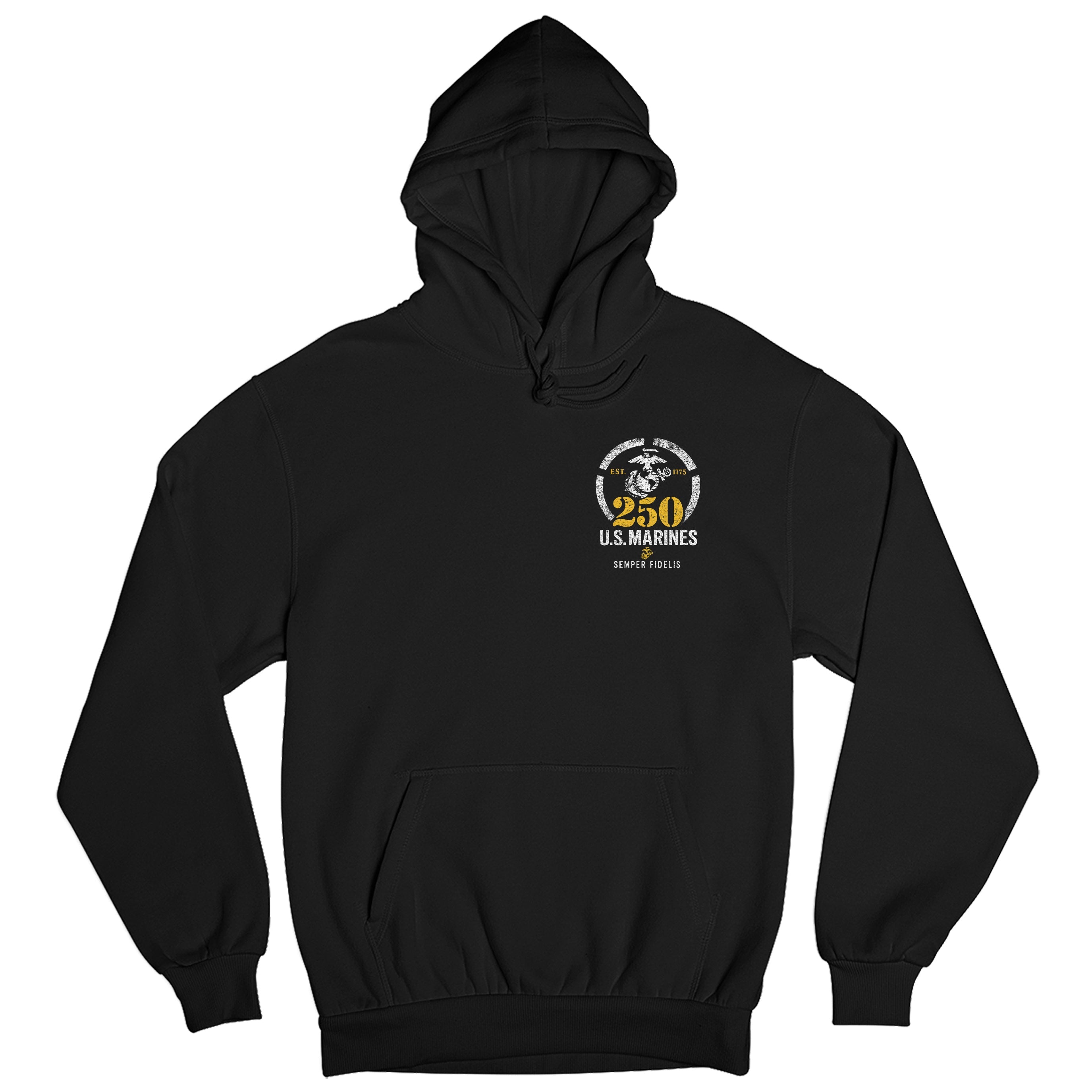 USMC 250th Birthday hoodie with front chest Eagle, Globe, and Anchor featuring a distressed EGA inside a circle, bold gold '250,' 'U.S. Marines,' and motto 'Semper Fidelis' with 'Est. 1775' text
