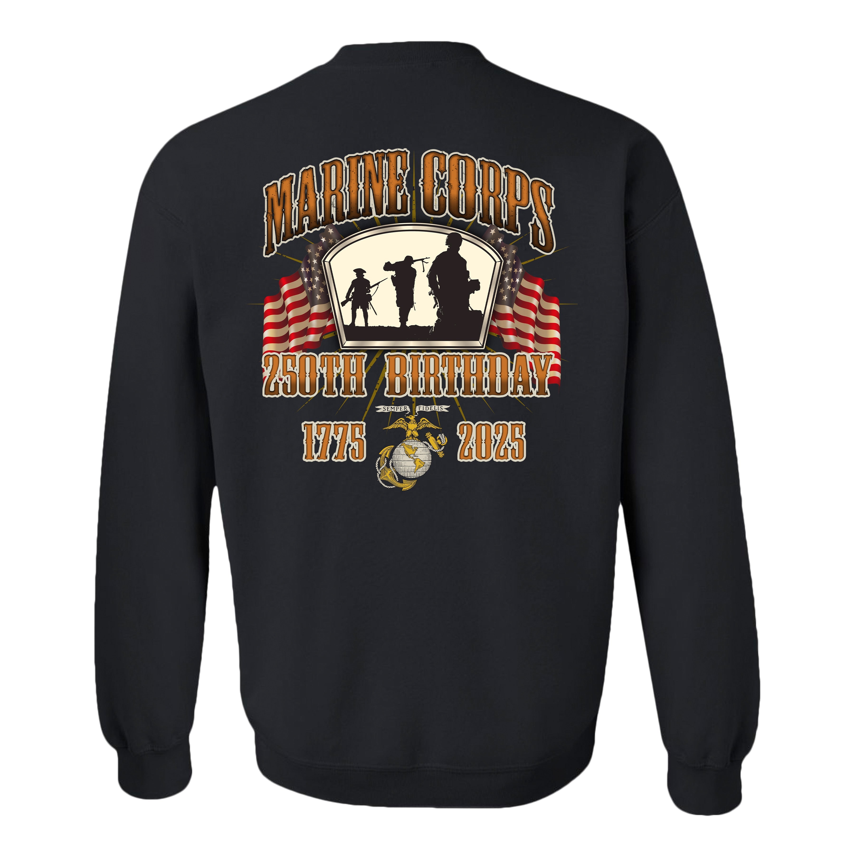 black USMC Anniversary sweatshirt with the Marine Corps 250th Birthday logo, featuring the Iwo Jima silhouette, American flags, and the Eagle, Globe, and Anchor emblem on the back.