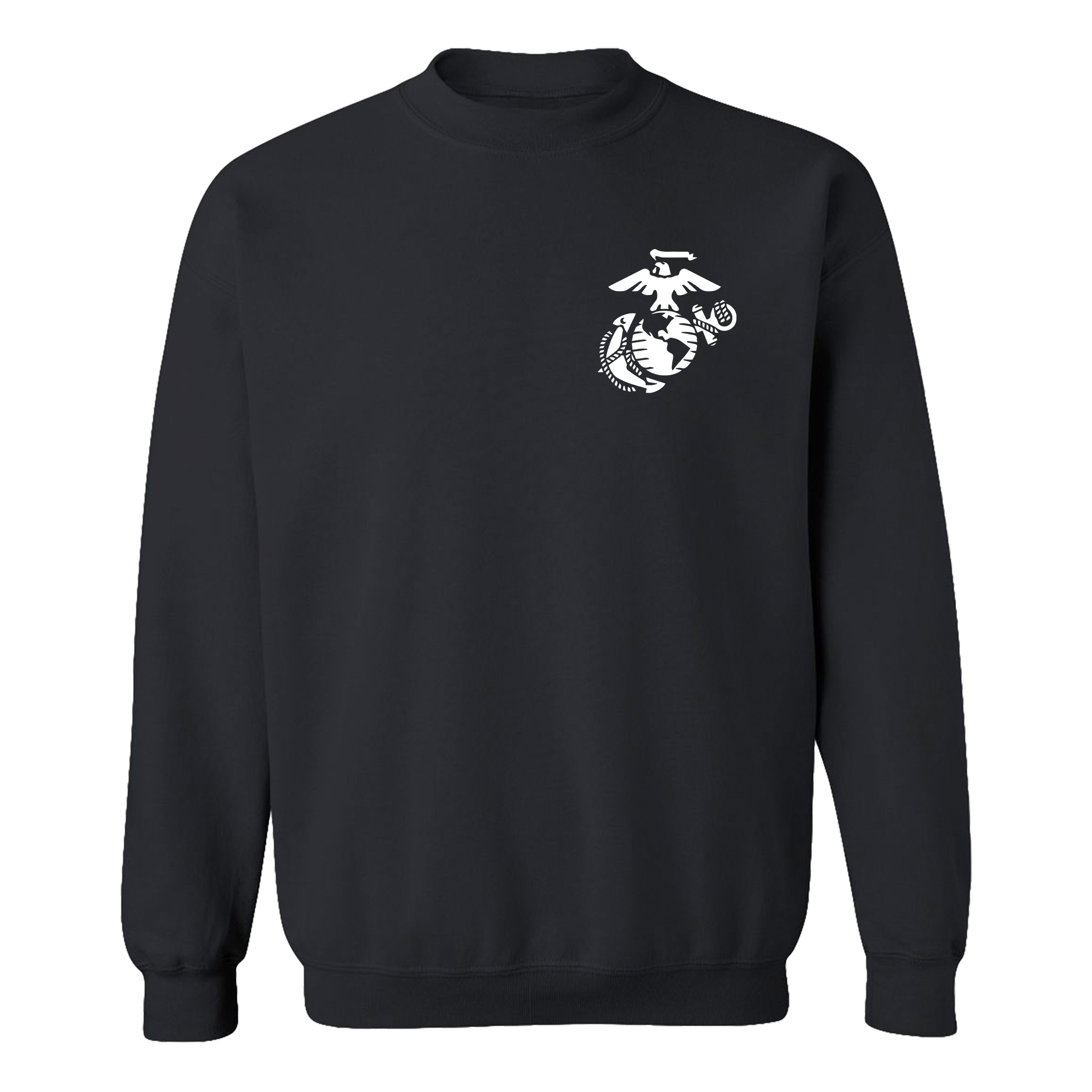Front of black Marine Corps 250th Birthday sweatshirt with Eagle, Globe, and Anchor chest seal