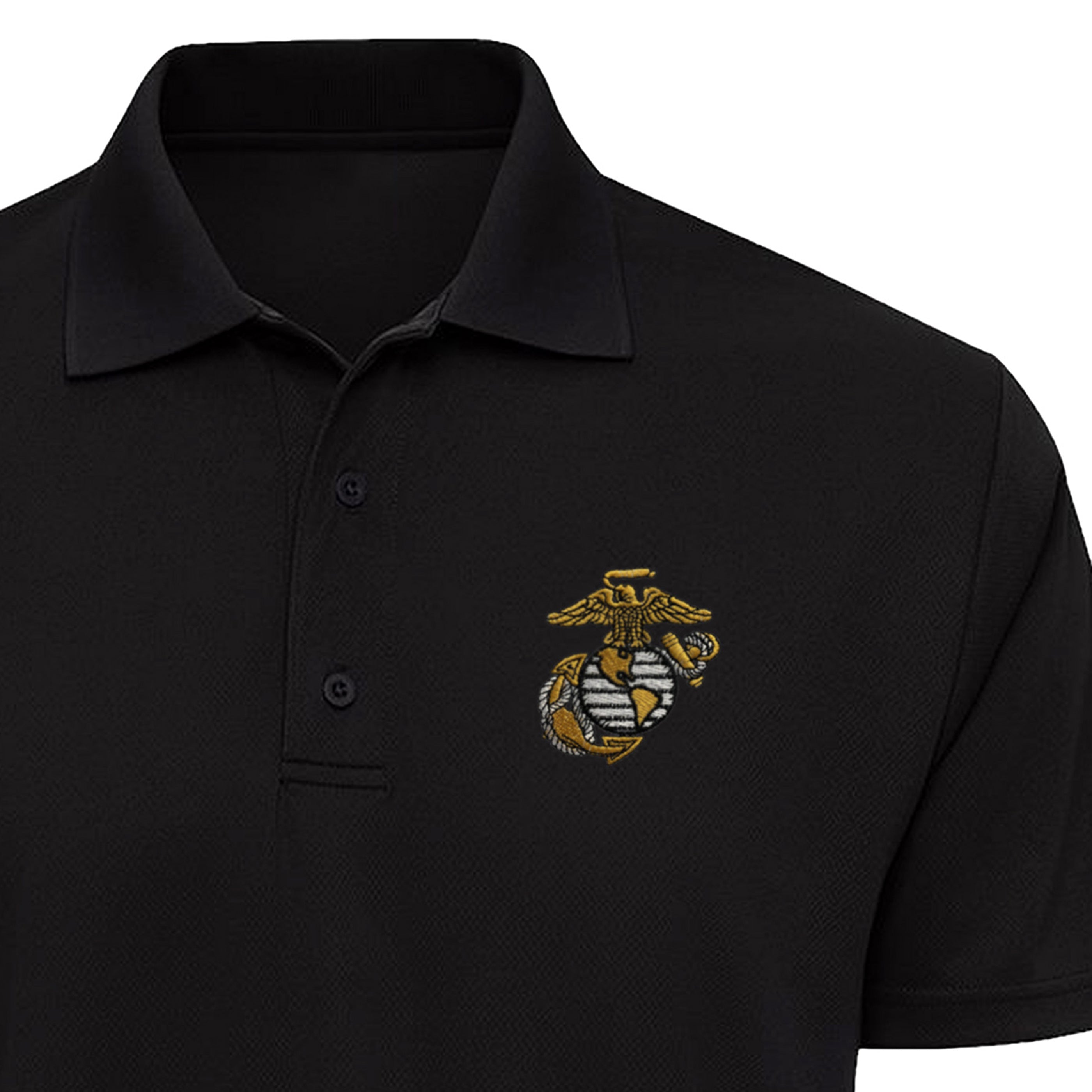 Black Marines performance polo with a classic gold, white, and black embroidered Eagle, Globe & Anchor on the left chest.