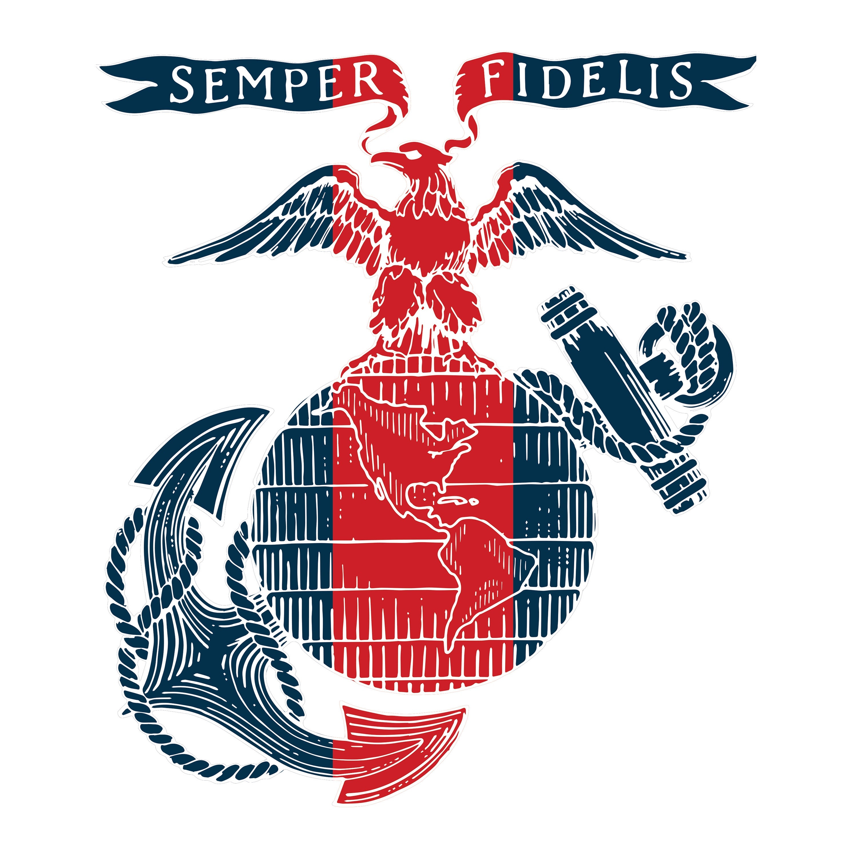 Red, white, and blue Eagle, Globe, and Anchor design with a vertical red blood stripe through the globe and a 'Semper Fidelis' banner above—American flag-inspired artwork.
