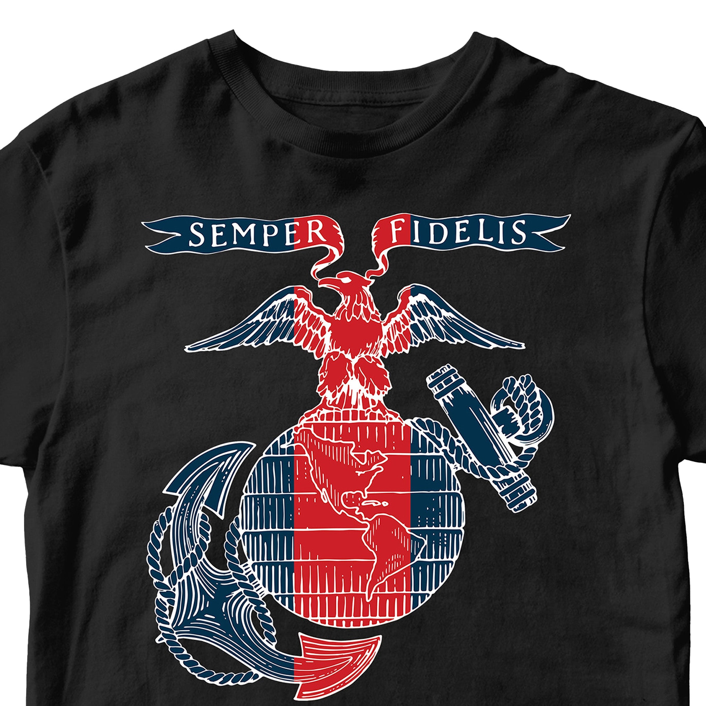 USMC t-shirt featuring a stylized red, white, and blue Eagle, Globe, and Anchor design with a vertical red blood stripe through the globe and a 'Semper Fidelis' banner above—American flag-inspired artwork printed on the front.