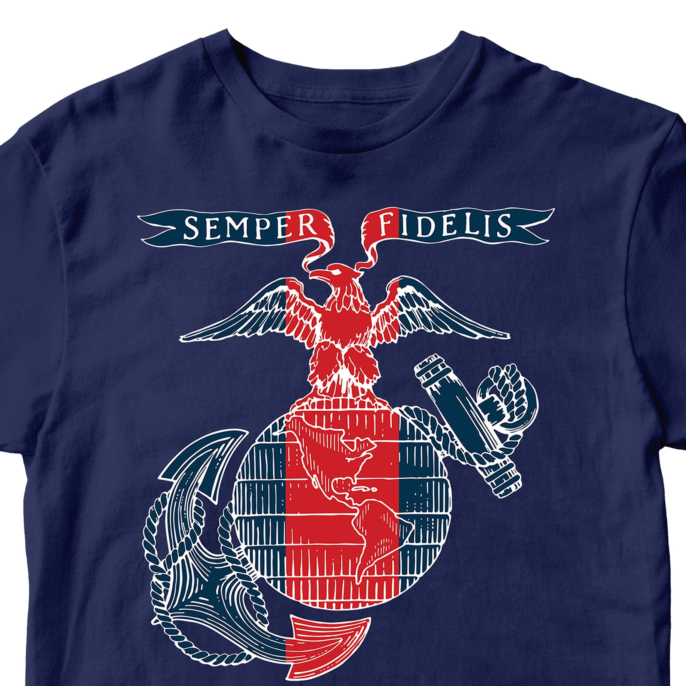 USMC t-shirt featuring a stylized red, white, and blue Eagle, Globe, and Anchor design with a vertical red blood stripe through the globe and a 'Semper Fidelis' banner above—American flag-inspired artwork printed on the front.