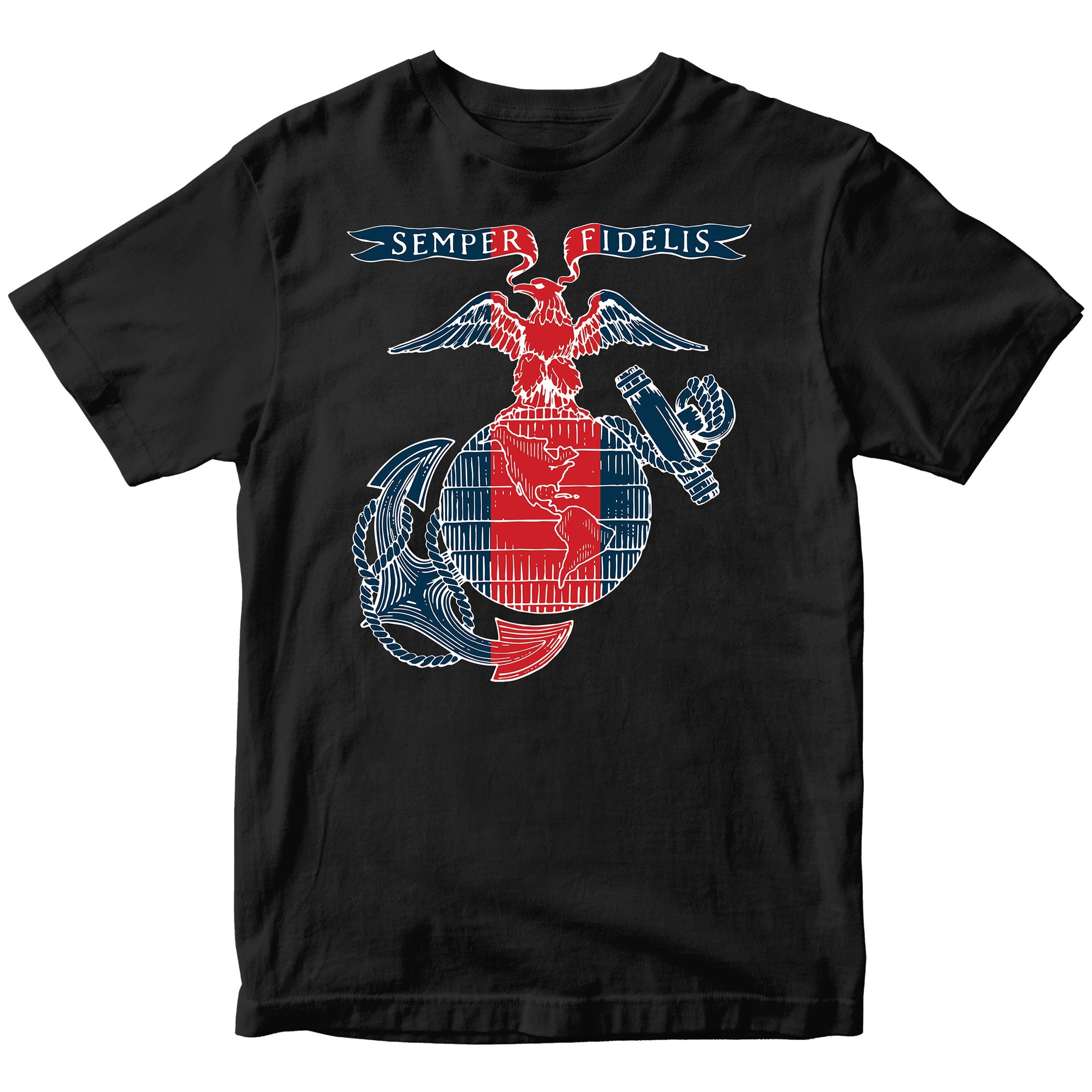 USMC t-shirt featuring a stylized red, white, and blue Eagle, Globe, and Anchor design with a vertical red blood stripe through the globe and a 'Semper Fidelis' banner above—American flag-inspired artwork printed on the front.