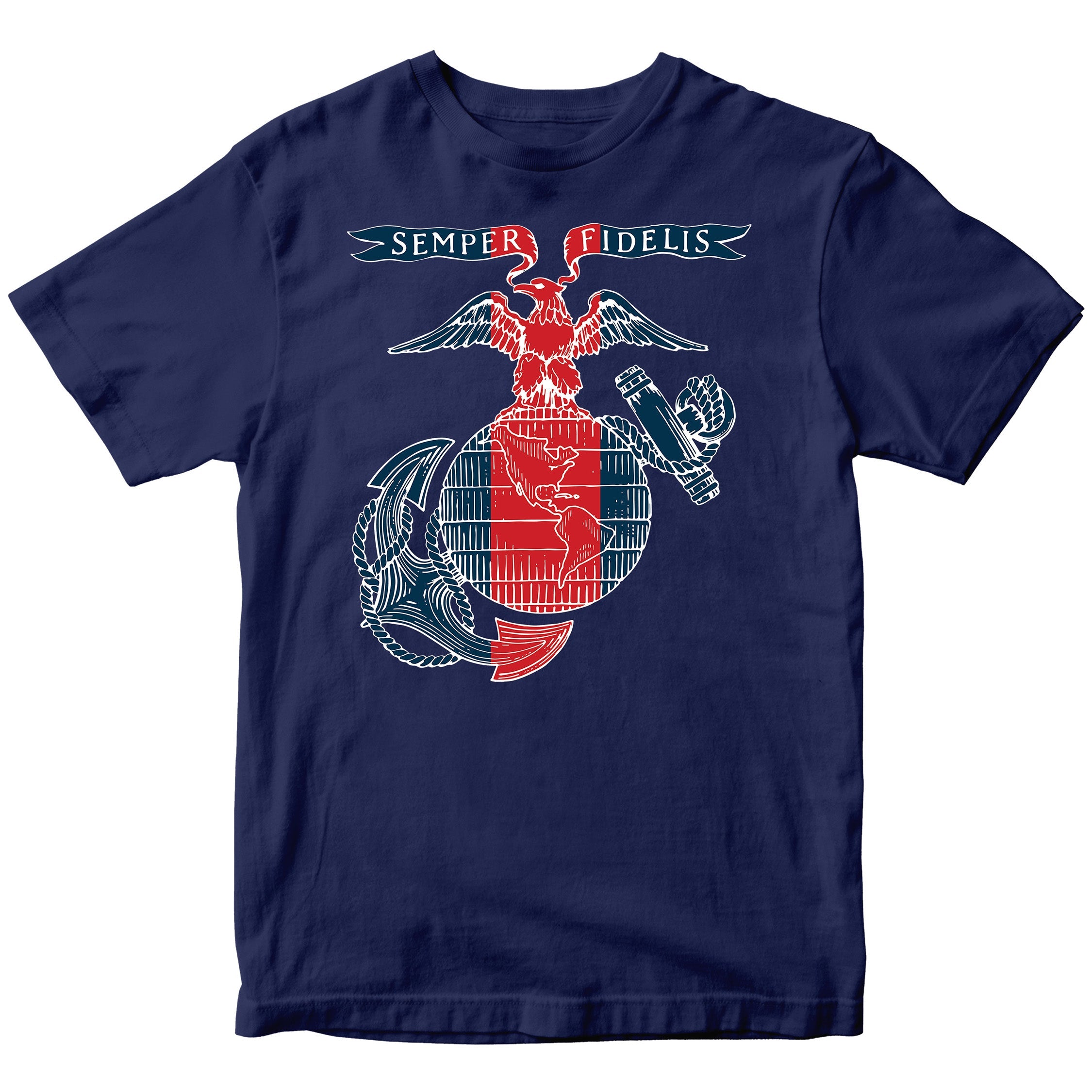 USMC t-shirt featuring a stylized red, white, and blue Eagle, Globe, and Anchor design with a vertical red blood stripe through the globe and a 'Semper Fidelis' banner above—American flag-inspired artwork printed on the front.