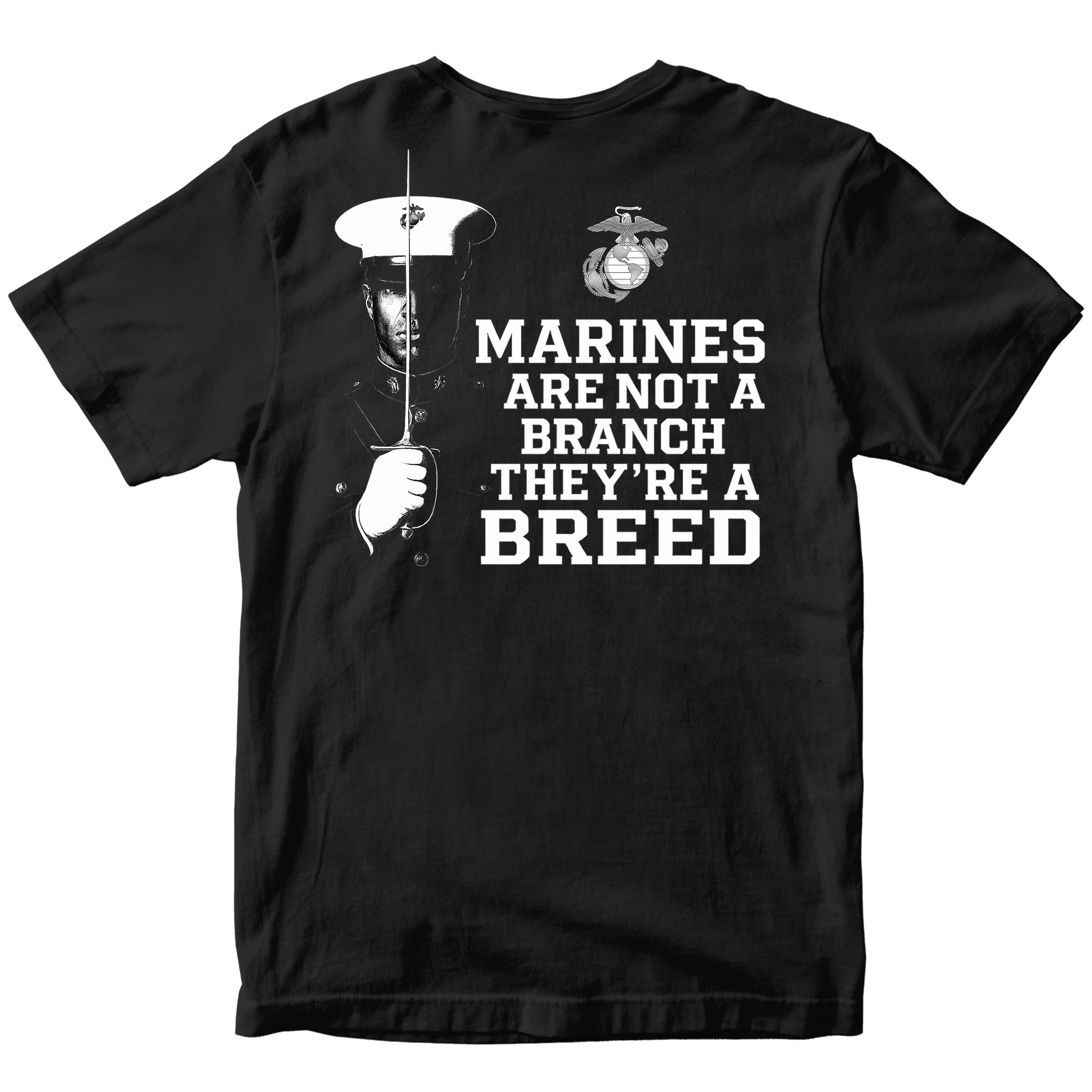 USMC t-shirt back design featuring Marine in dress blues with sword, EGA emblem, and quote 'Marines are not a branch, they’re a breed.'