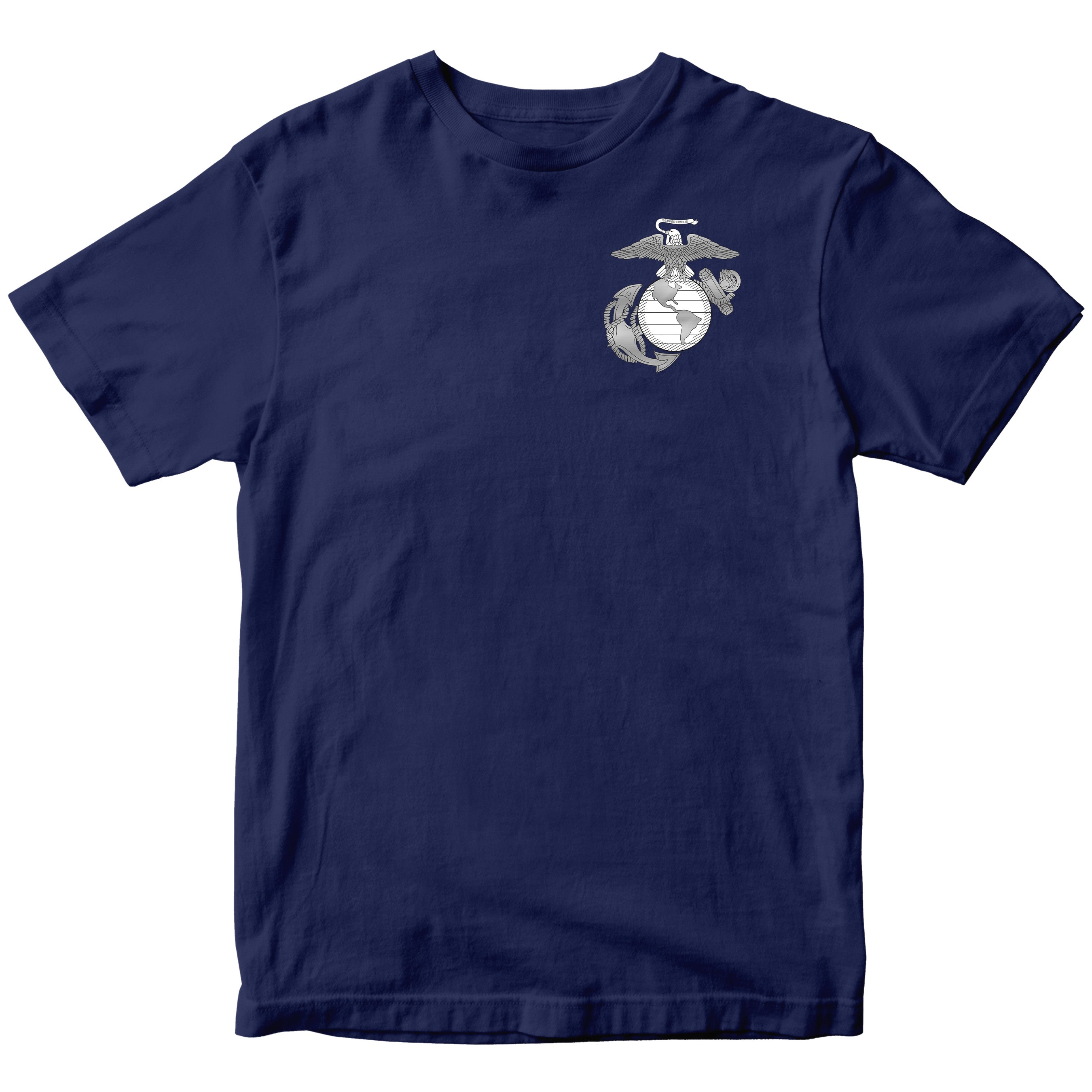 Navy USMC t-shirt with front-left chest Eagle, Globe, and Anchor emblem in white, minimalist Marine Corps design