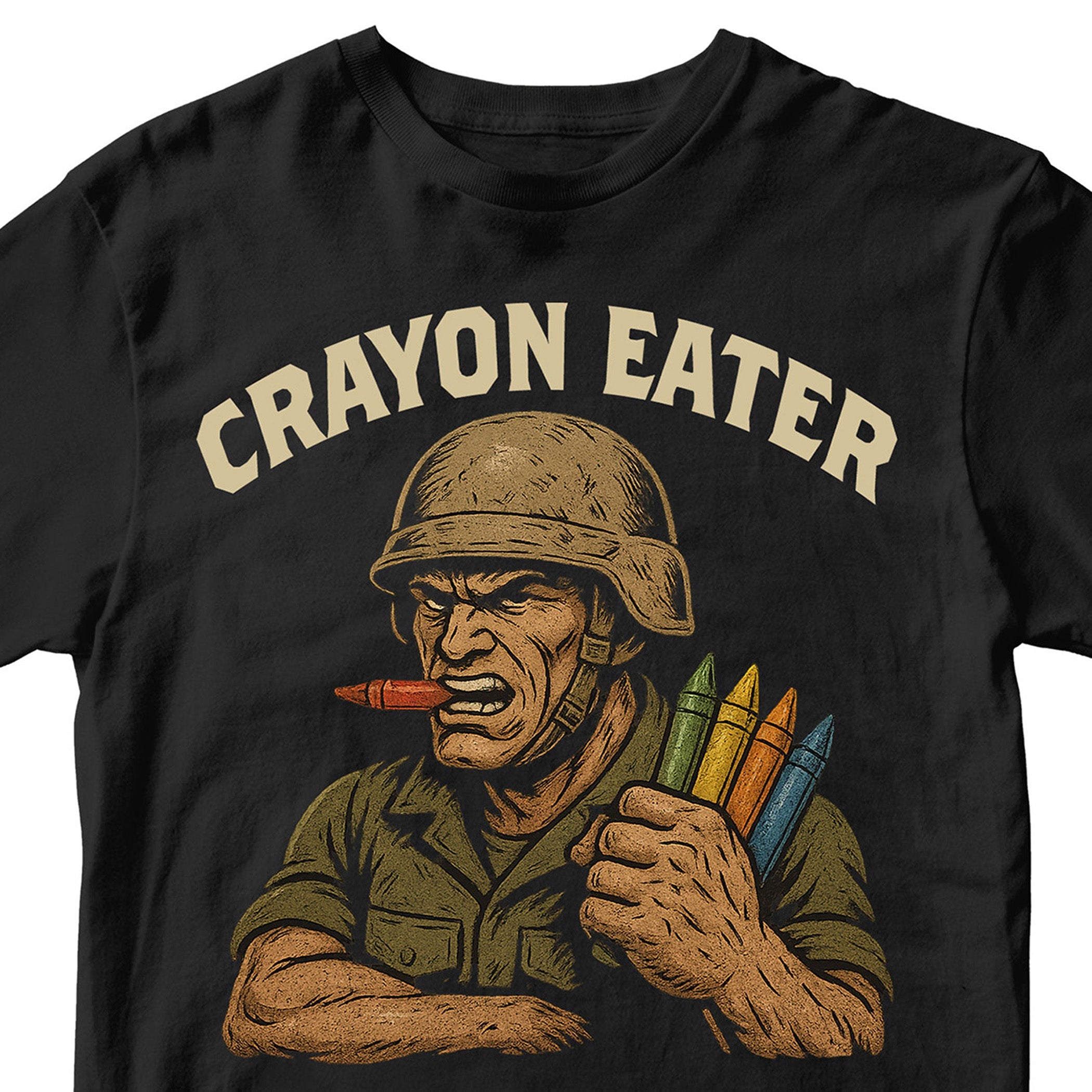 Marines Crayon Eater T-Shirt with cartoon soldier and crayon graphic. USMC Crayon meme tee