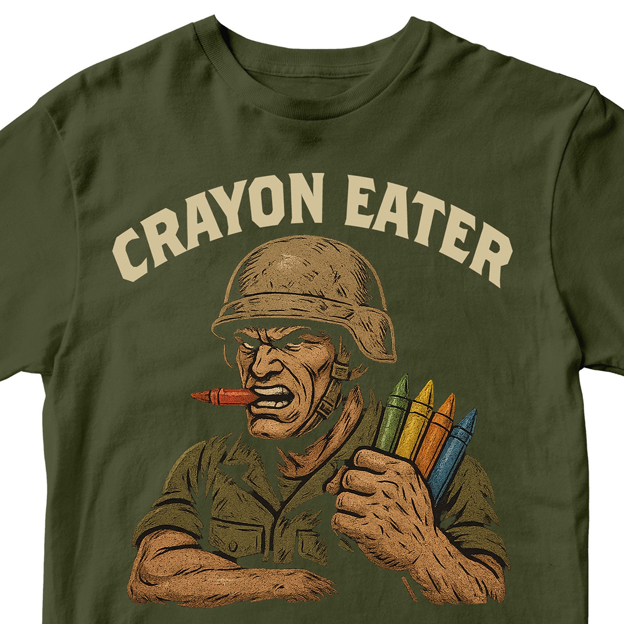 Marines Crayon Eater T-Shirt with cartoon soldier and crayon graphic. USMC Crayon meme tee