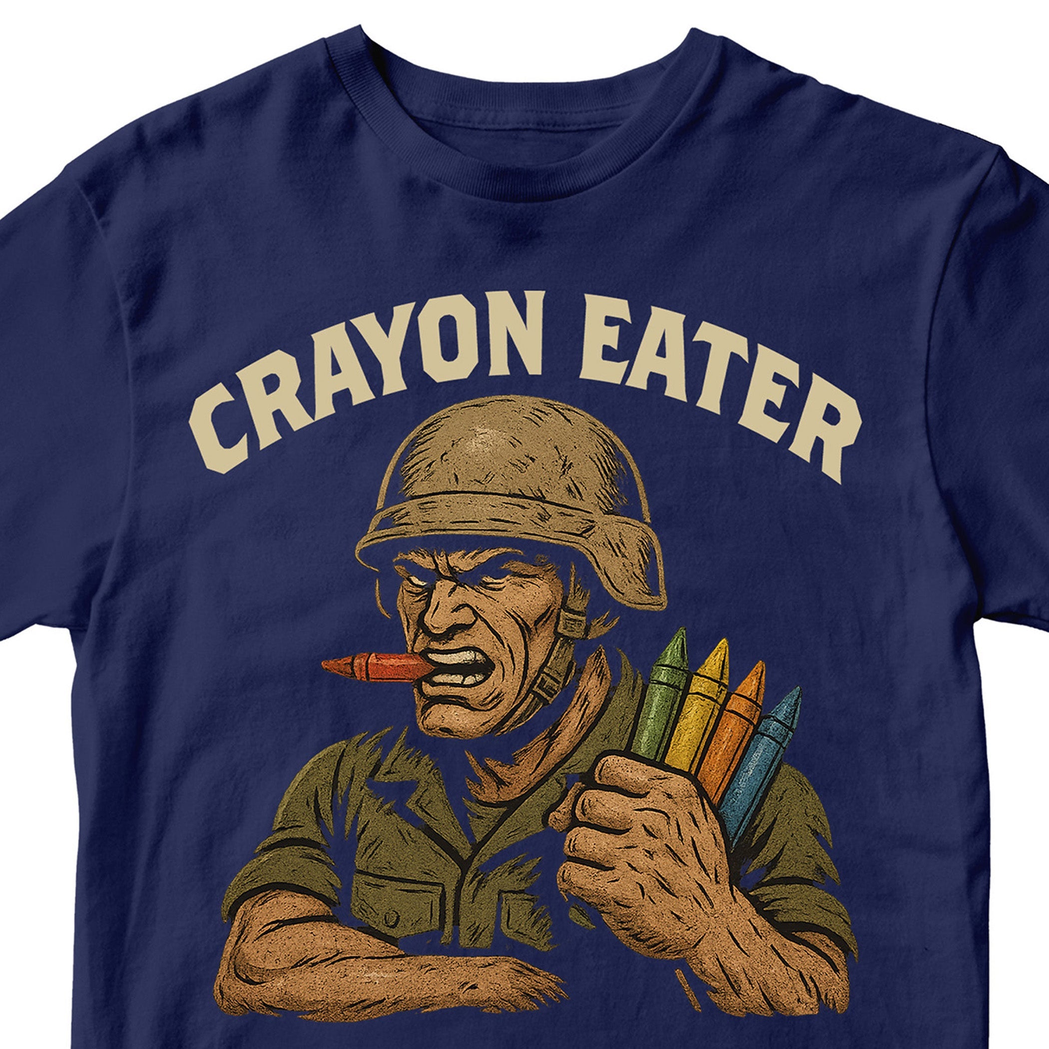 Marines Crayon Eater T-Shirt with cartoon soldier and crayon graphic. USMC Crayon meme tee